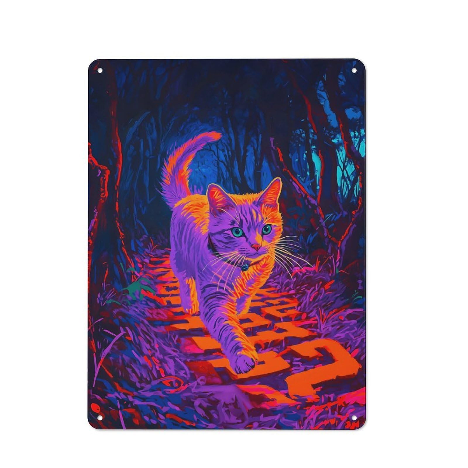 Junmoney Style Neon Cat In Forest Retro Tin Sign 40X30cm For Café Or Restaurant, Housewarming Wall Decor For People Furnishing Café And Restaurant