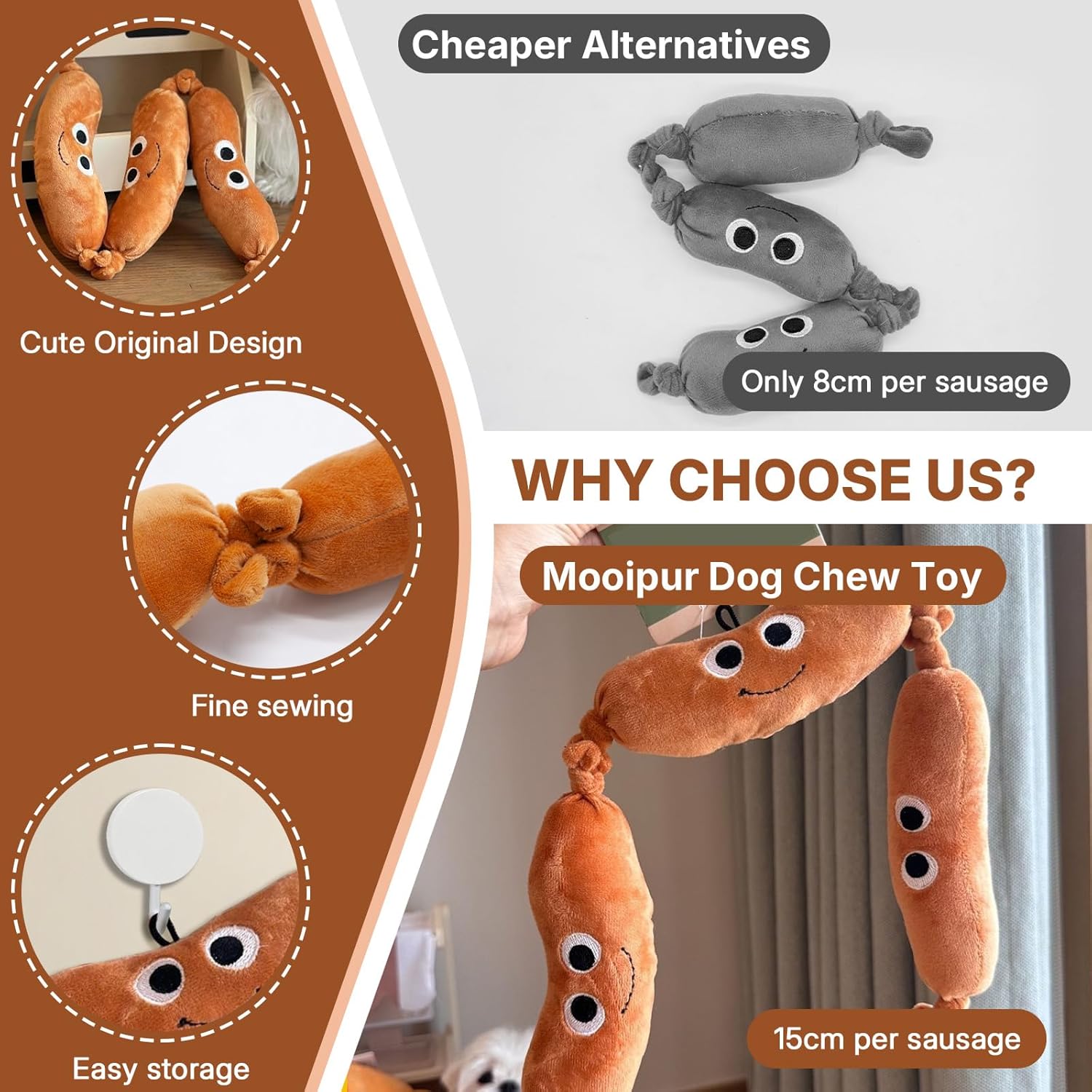 Sausage Squeaky Dog Toy for Small & Medium Dogs, Squeaky Plush Chewer, Puppy Teething & Dental Care, Cotton Filled Puppy Toys for Indoor/Outdoor Interactive Play (2 PC)
