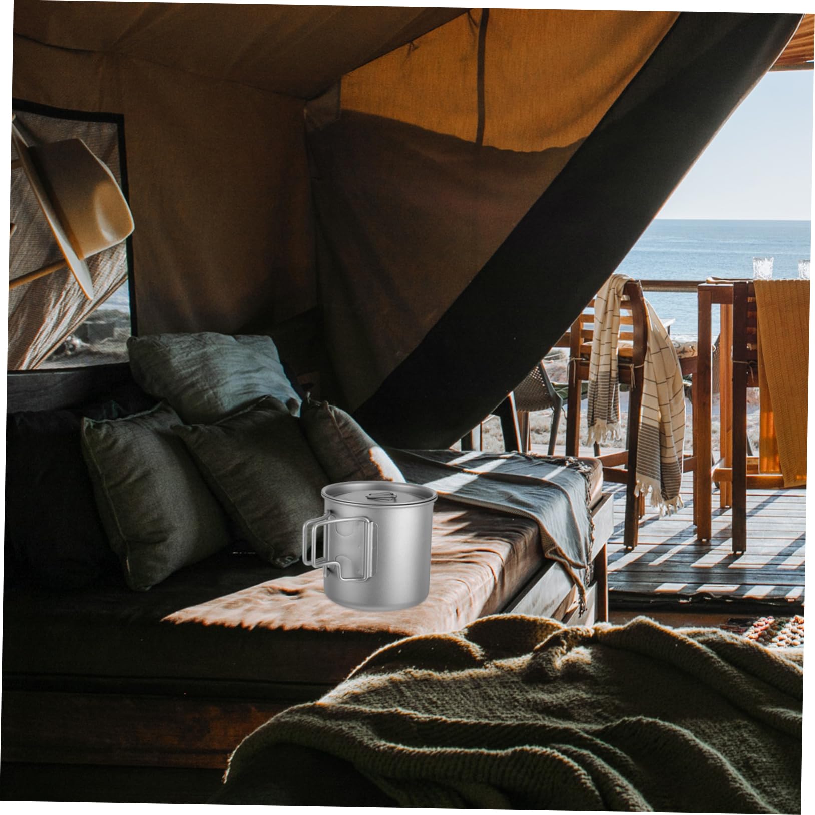 Kaffeebecher mit Schneller Erwärmung mit Klappbarem Griff und Deckel Titan aus Titan Leichter Outdoor Campingbecher und Vielseitiger Nutzung für Camping und Büro