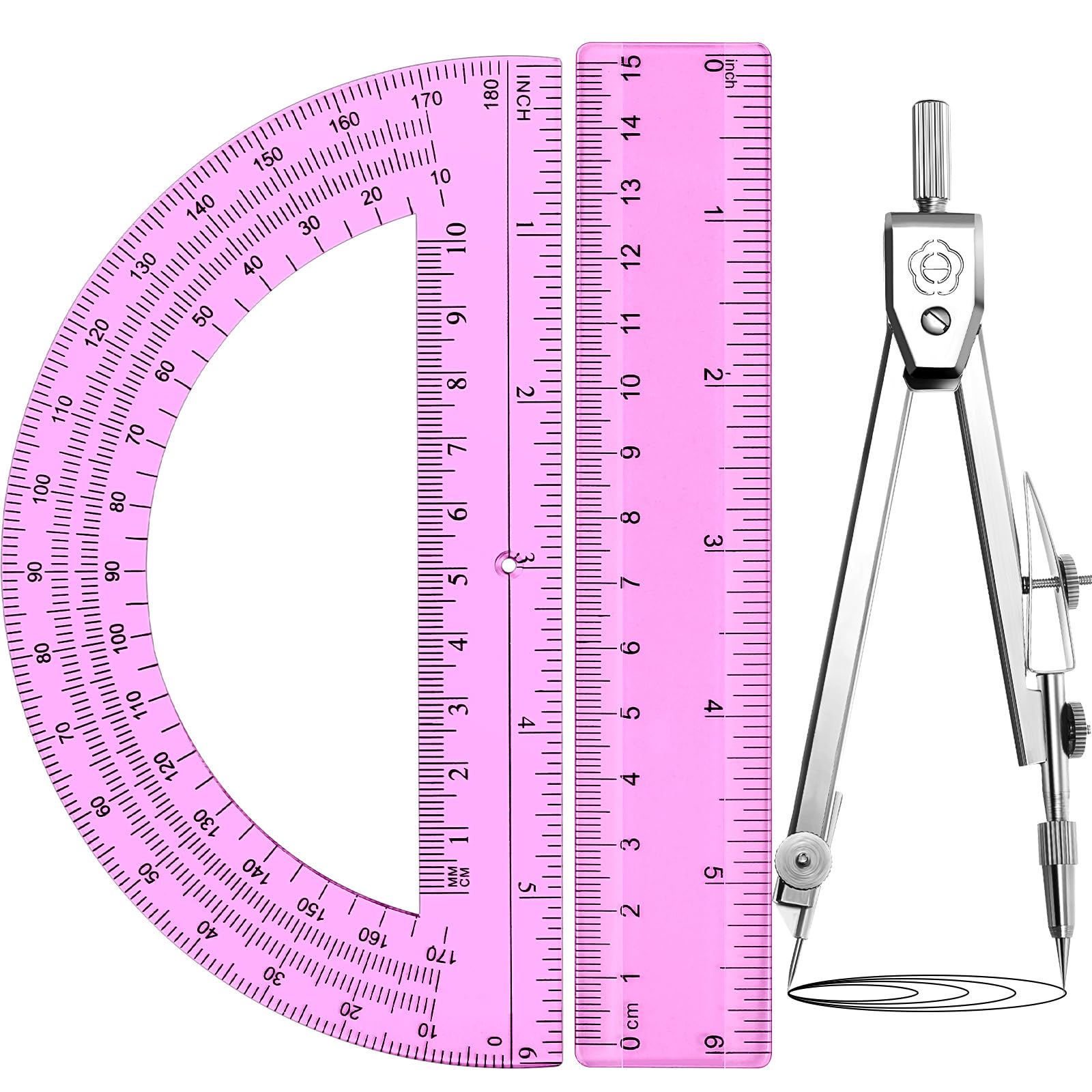 Zonon 3 Pcs Plastic Ruler 6 Inch Protractor Drawing Compass Set, Student Geometry Math Transparent Measuring Tools for Home School Classroom Office