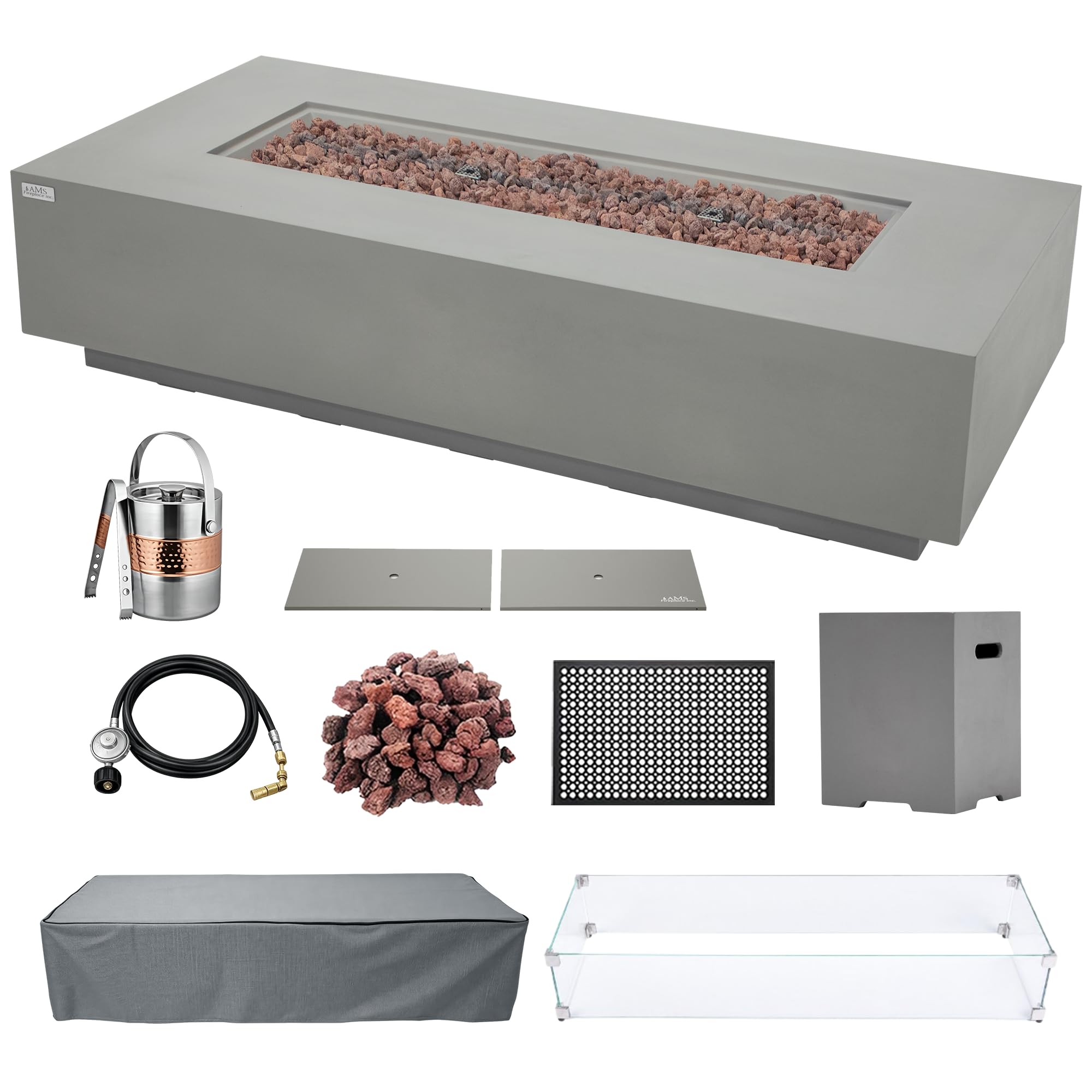 AMS 72" Rectangular Concrete Propane Gas Fire Pit Table Bundle, Light Gray