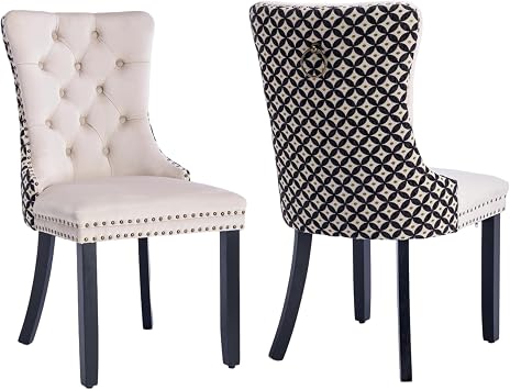 Modern Velvet Upholstered Dining Chairs Set of 2 - Tufted Back with Nailhead Trim & Solid Wood Legs for Kitchen, Dining Room, Living Room Beige+Plaid Back