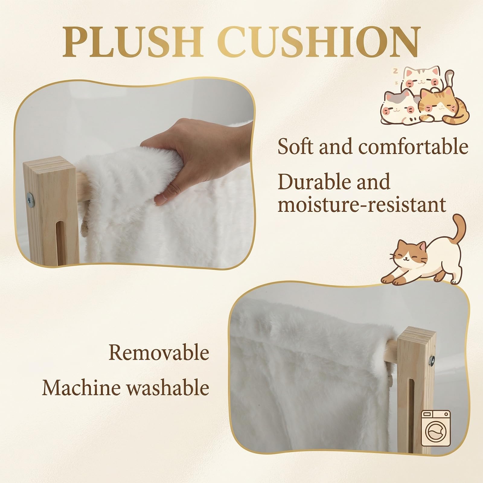 Amaca per Gatti - Amaca Gatto Finestra in legno con Cuscino in Peluche Lavabile, Lettino Sospeso per Gatti Senza Forare per Finestra, Termosifone e Balcone