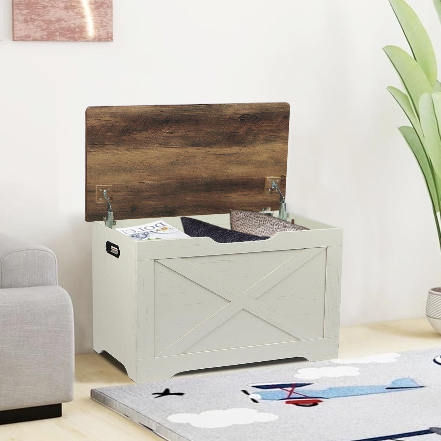 Storage Chest, Wooden Storage Bench, Entryway Shoes Bench with 2 Safety Hinges, for Living Room, Bedroom, 15.7 x 31.5 x 18.9 Inches, Brown and Rustic White