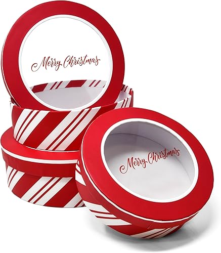 Gift Boutique Latas redondas de galletas navideñas con ventana, caja de regalo con tapas, juego de 3 tamaños, diseño de bastón de caramelo rojo y