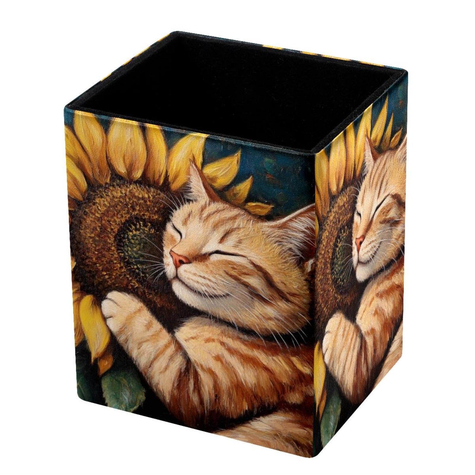 FWJZDSP Pencil Holder for Desk Pen Pouch with Cat Cuddling Sunflower Capacity Pen Cup Leather Makeup Brush Holder for Office Desk Organizer