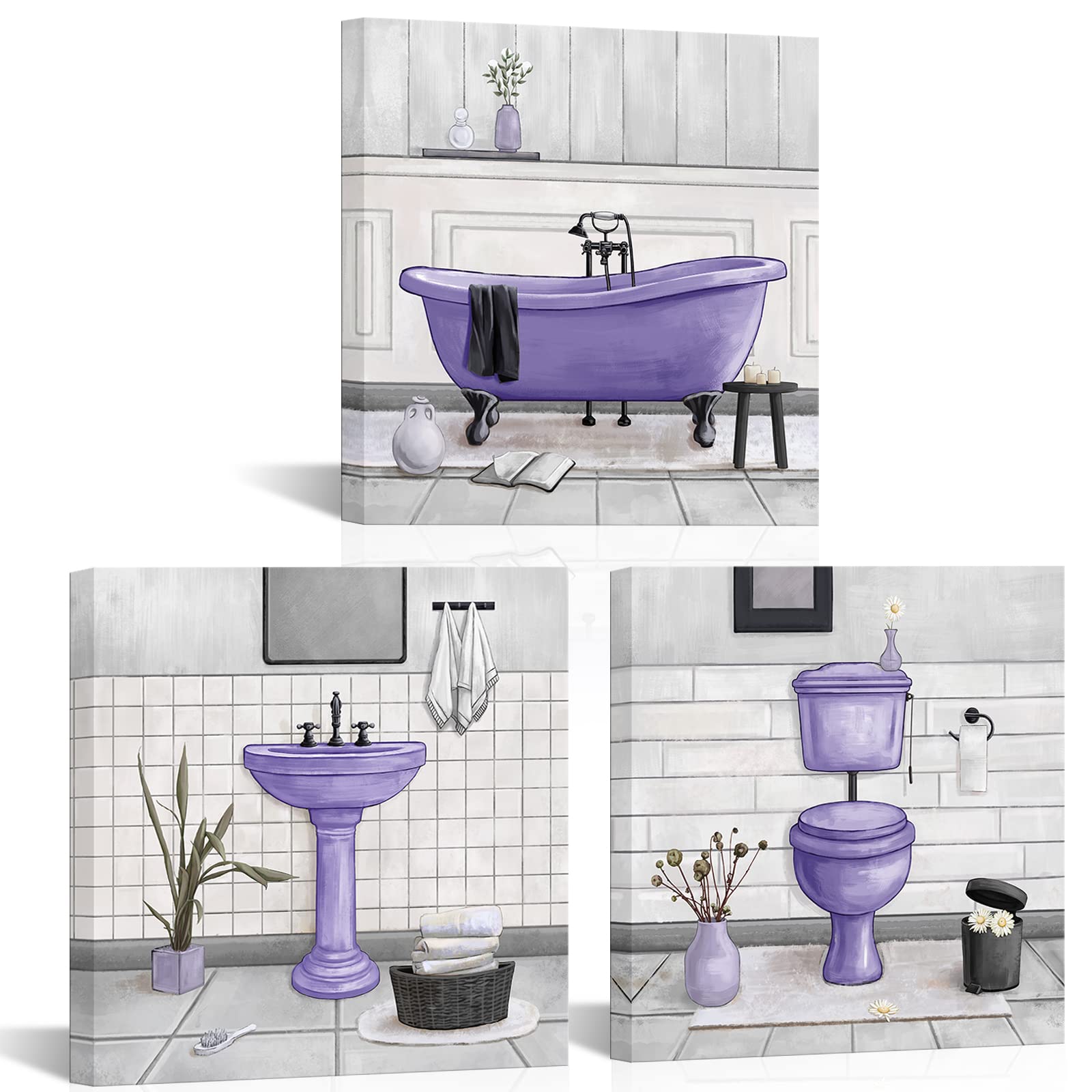 HOMEOART Bathroom Wall Art Bath Tub Painting Picture Bathroom Wall Decor Framed Ready to Hang 12x12inchx3 Purple