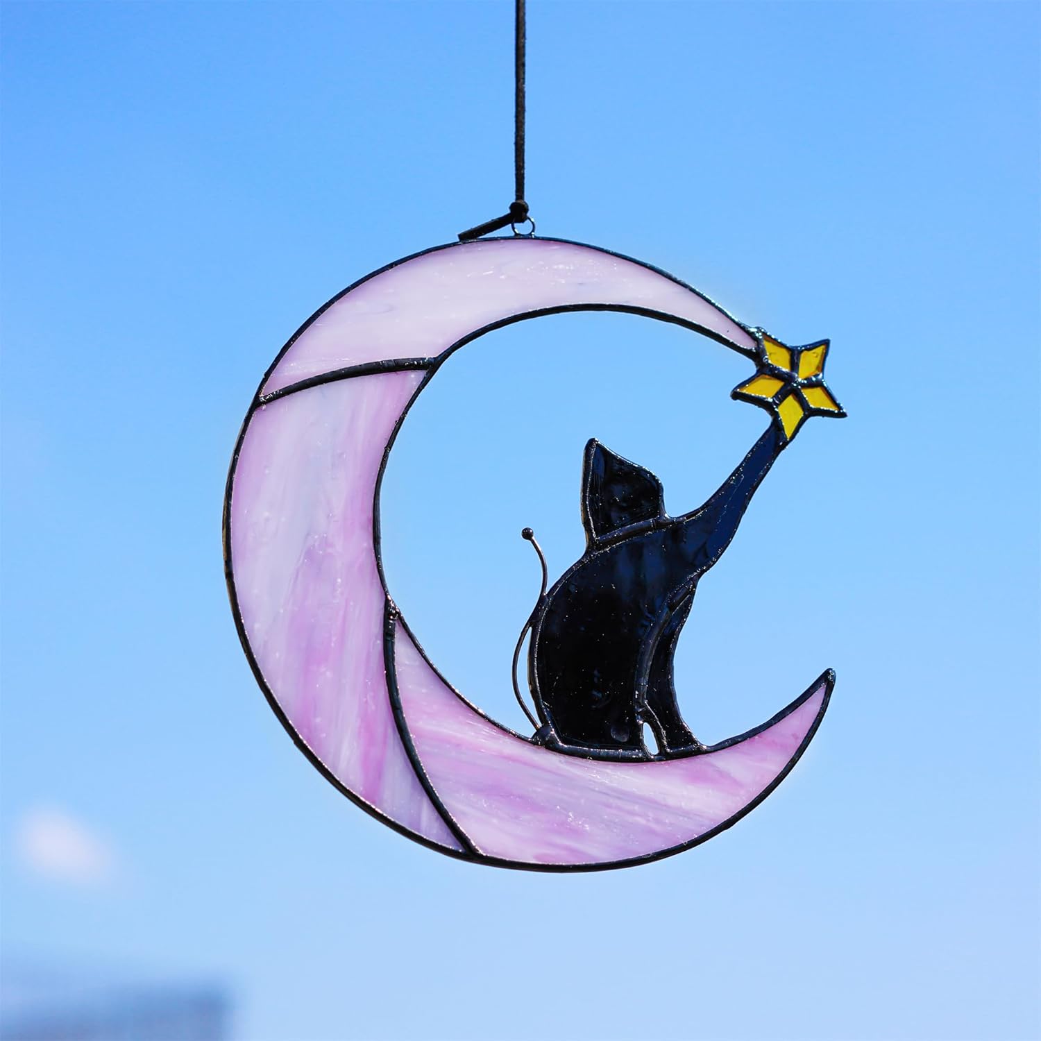 6pcs 50mm Crystal Heart Prism and Cat on Purple Moon Stained Glass Window Hanging Suncatcher