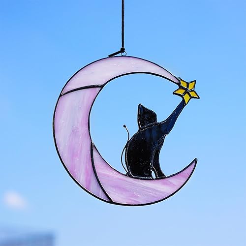 Miniatura 7 de Atrapasoles colgante de ventana de cristal negro con gato en luna de 6.5 pulgadas, paneles de ventana de cristal, decoración artística de pared,