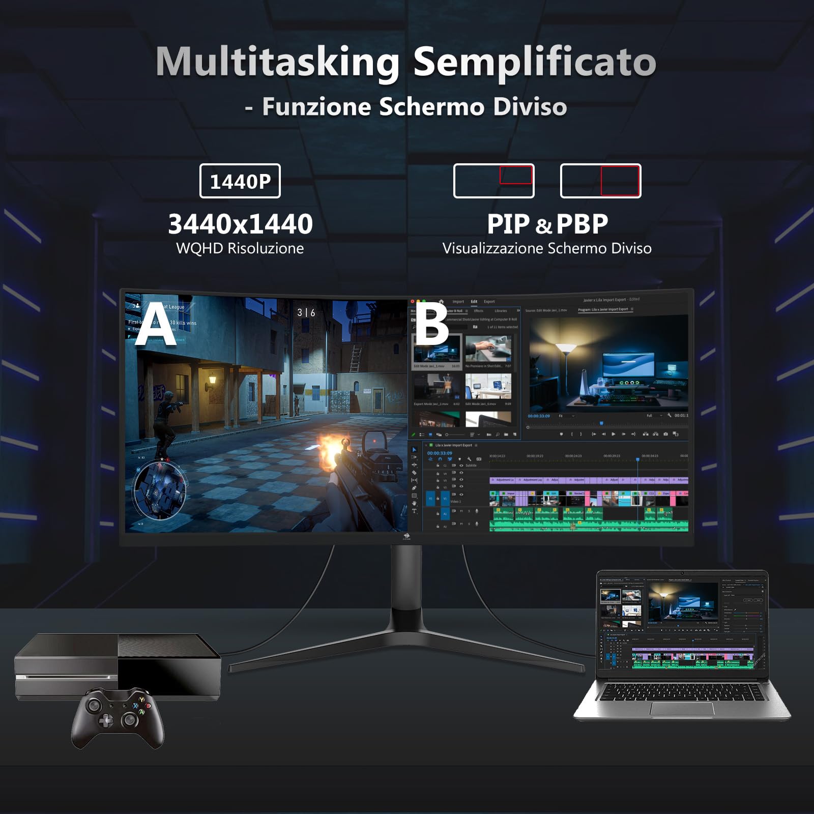 Z-Edge Monitor Gaming Curvo 34'', 3440x1440, 165Hz, 1ms MPRT, Altezza & Inclinazione Regolabili, Schermo Ultra Ampio 21:9 con DP Cavo, FreeSync, 1500R VA, 2*HDMI2.0 & 2*DP1.4, RGB, VESA 100 * 100mm