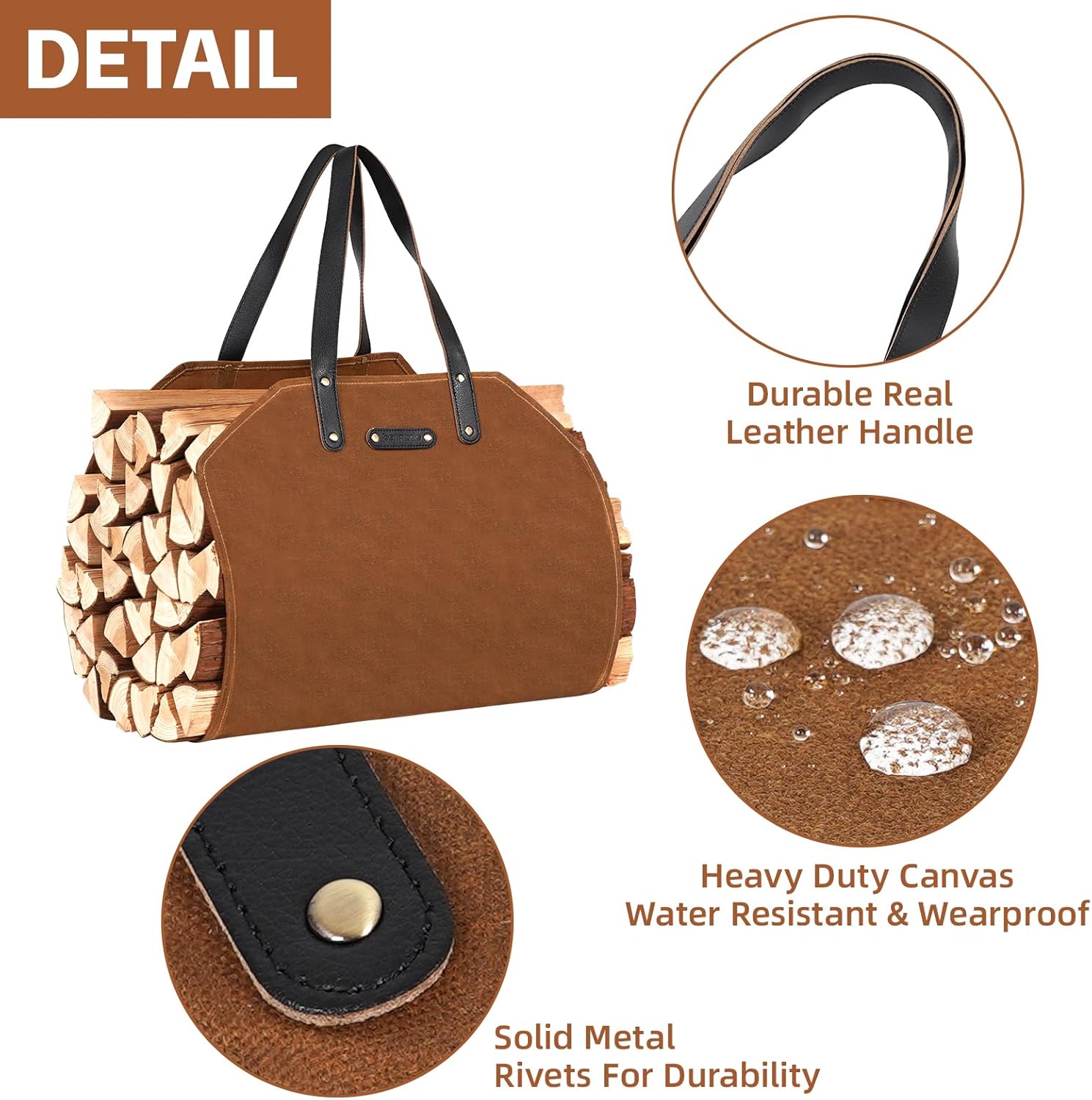 Firewood Carrier with Real Leather Handles, Log Carrier for Firewood Waxed Canvas, 38.4x17.3inch Wood Carrier for Fireplace, Water Resistant Firewood Tote Bag for Stove, Outdoor Camping - Rust - Image 5