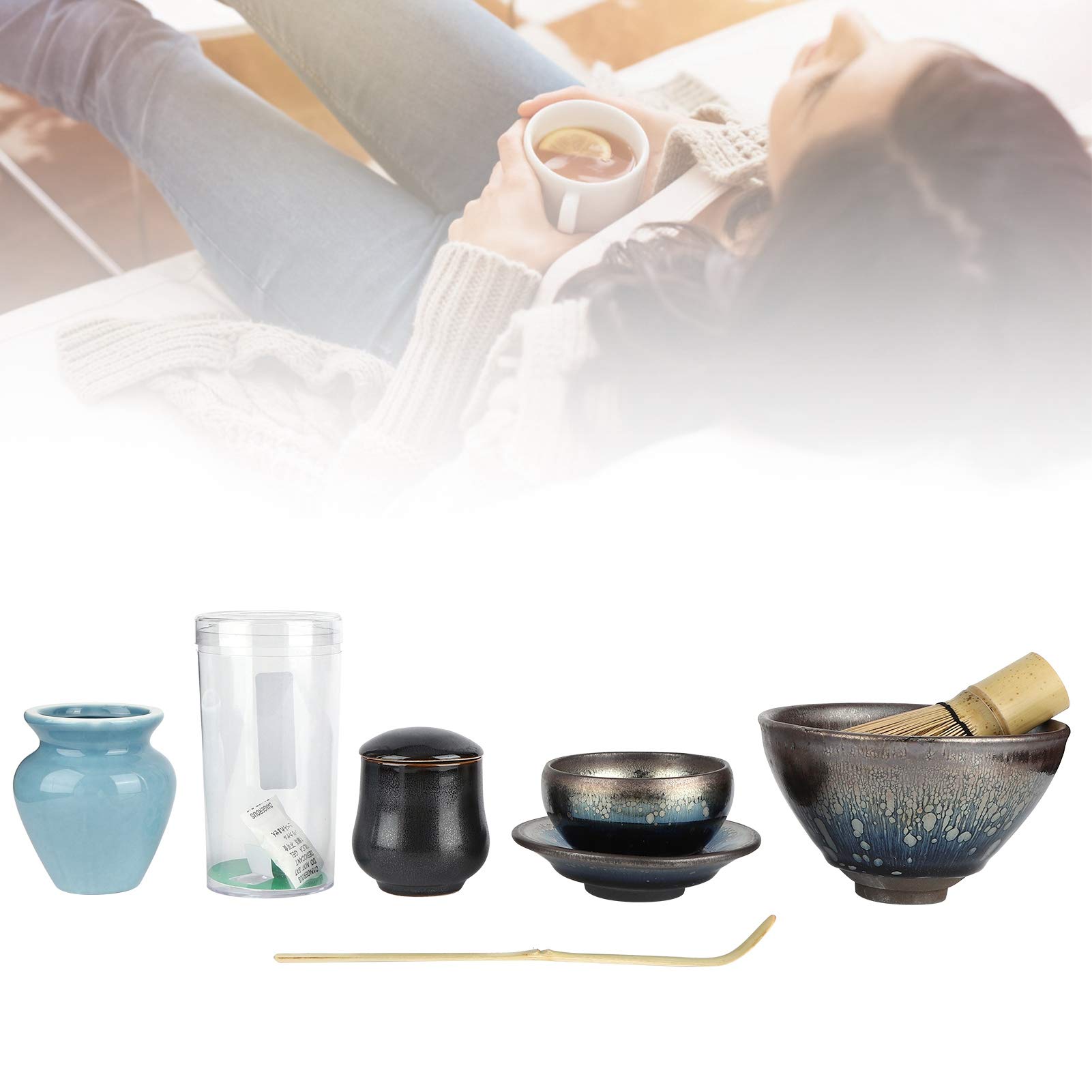 Cocoarm Ceramiczny Zestaw do Herbaty w Stylu Japońskim Zestaw Uchwytów do Trzepaczki Herbaty Akcesoria Ceremonii Parzenia Matcha z miseczką Łyżeczka Ubijania i Uchwyt Domowego Pokazu Prezenty