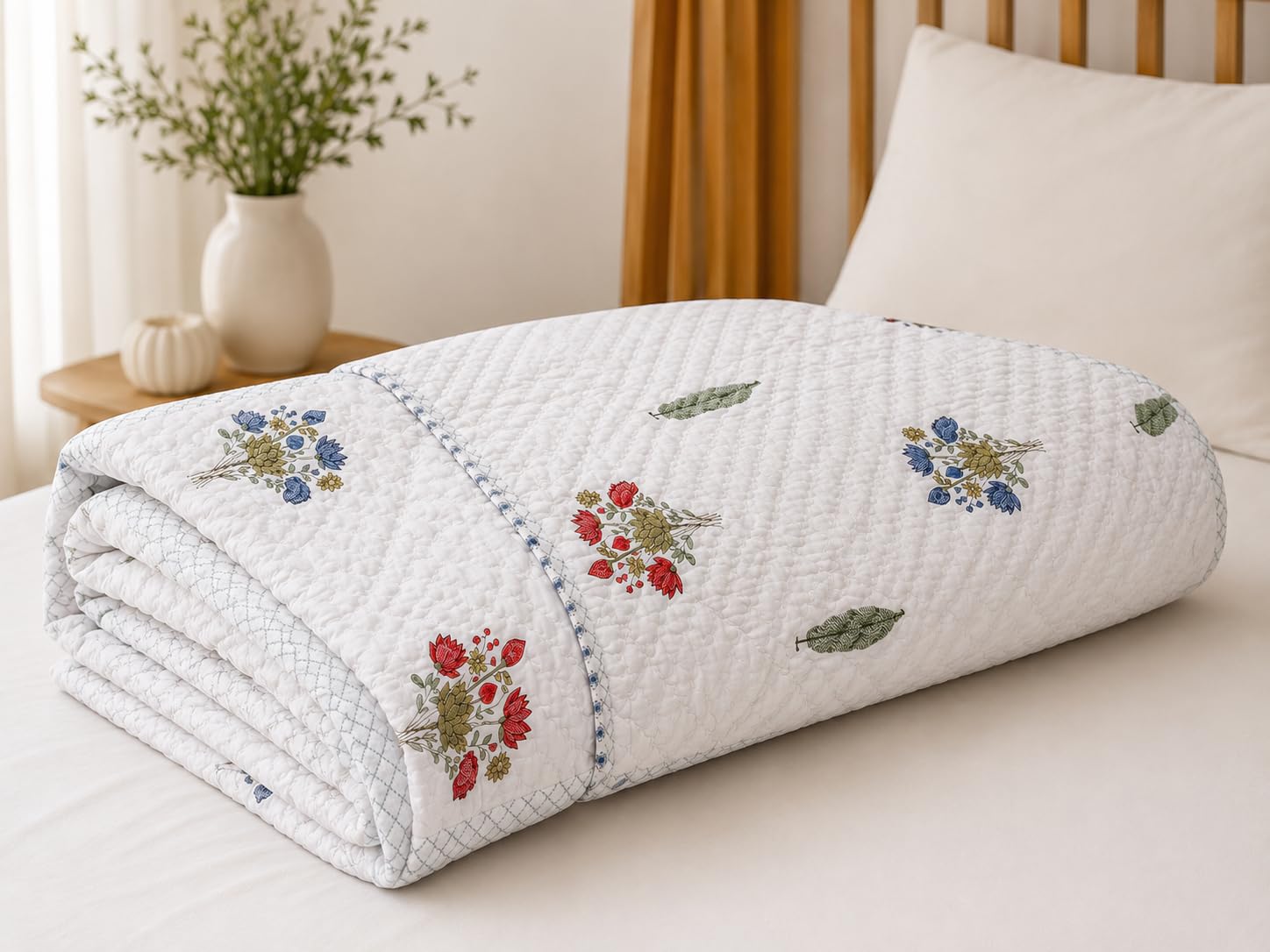 Single Bed Cotton Floral Quilt Reversible AC Comforter White 60x90in | Hand Quilted, with Pillow Cover, Lightweight, Summer Bedspread, Single Bed-image-45