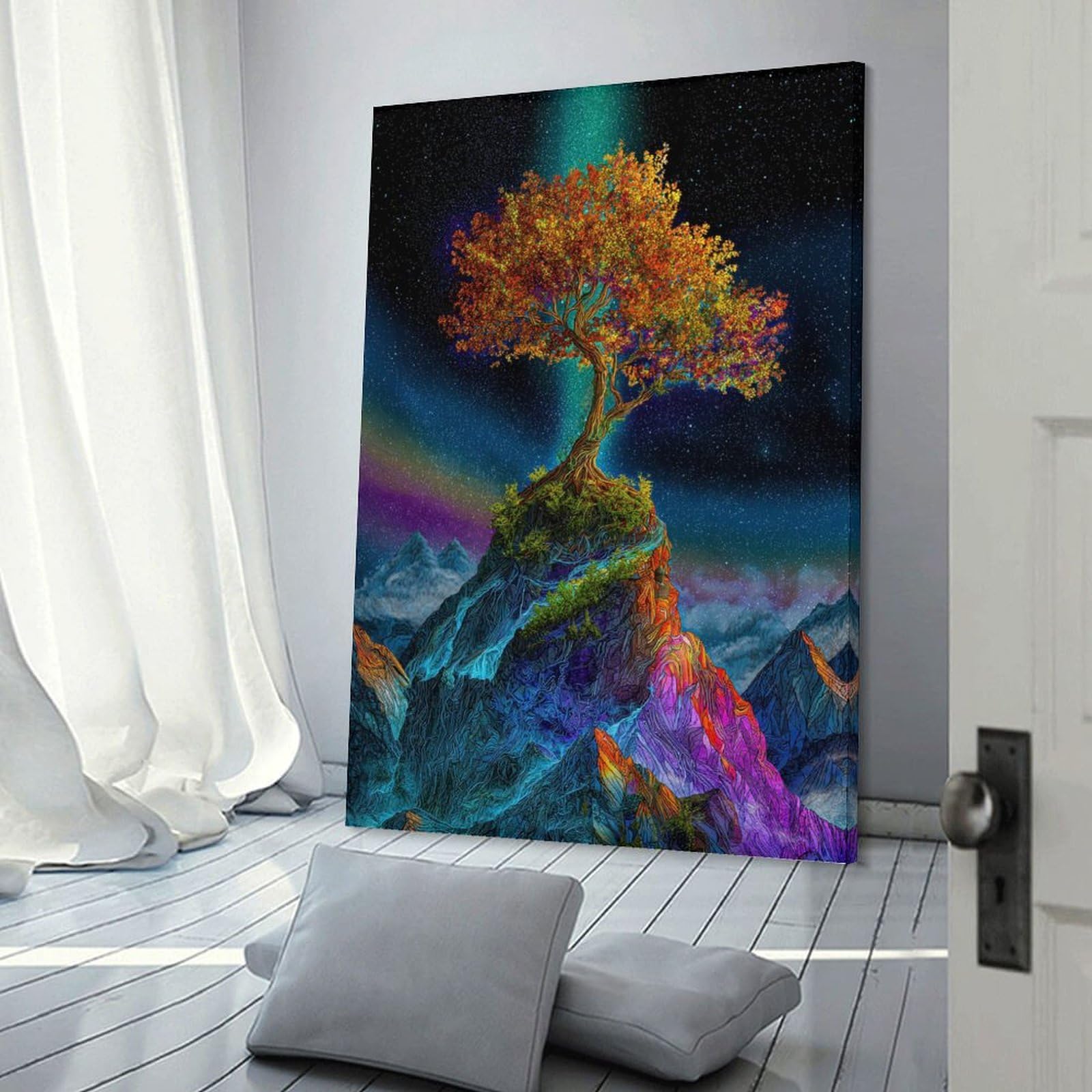 Junmoney Fantasy Tree on Mountain Peak Wall Art Print, 24x36inch(60x90cm), for Study, Office Or Focused Interiors, Home Office Artwork with Decorative Appeal
