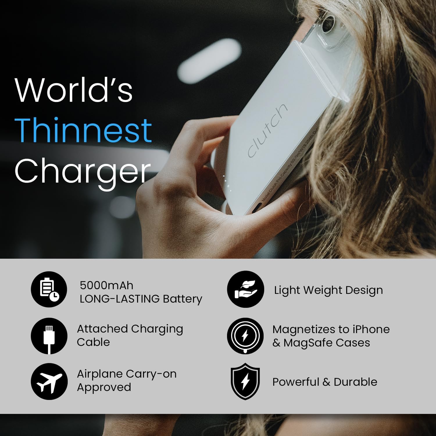 Clutch Pro – World's Thinnest iPhone Charger – Portable Power Bank 5000mAh – Magnetic Built-in Lightning Cable – TSA Approved Travel Charger – iPhone 14 & Earlier – White - Image 6