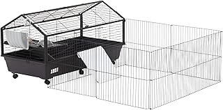 PawHut Small Animal Cage with Main House and Run for Rabbit, Guinea Pig, Hamster Indoor and Outdoor