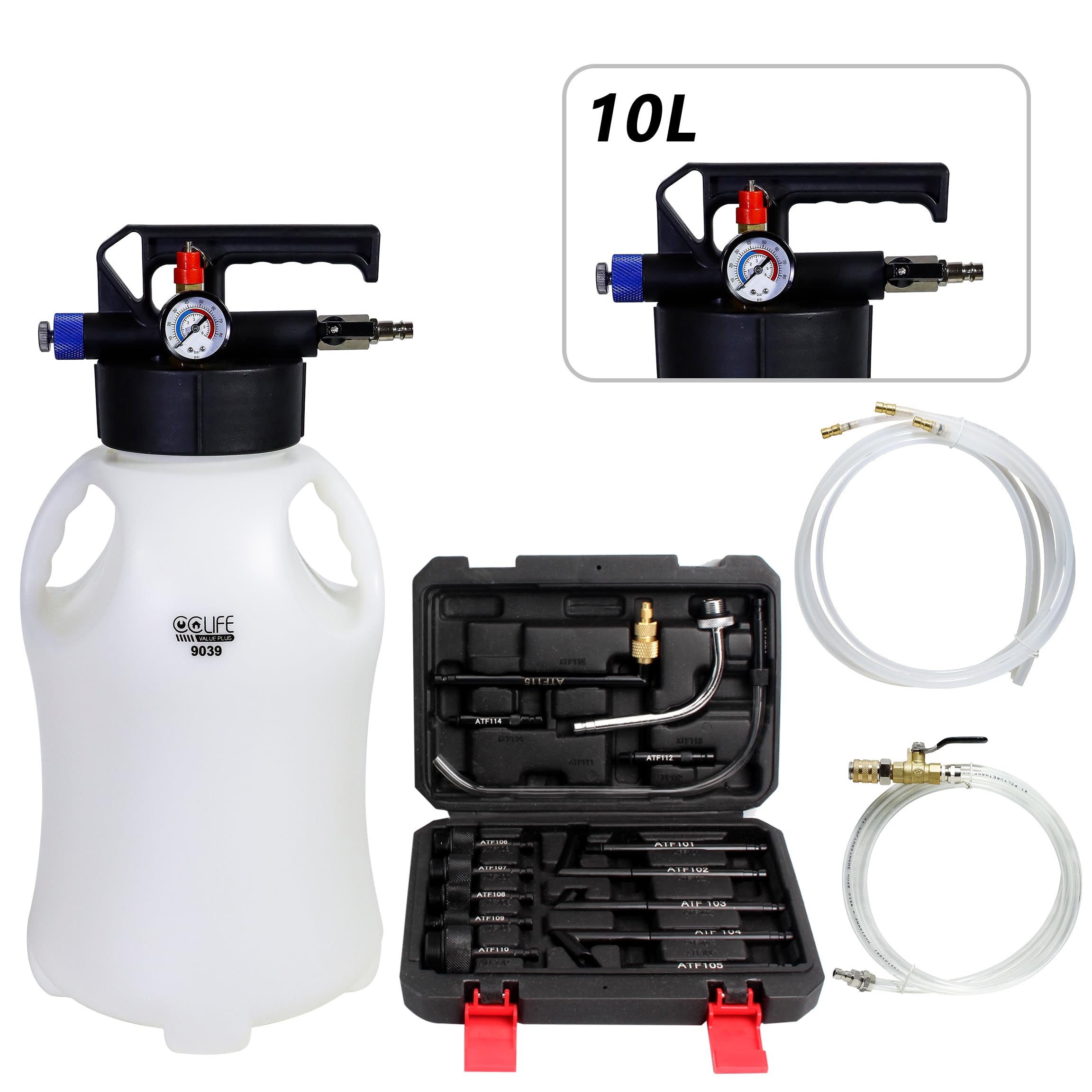 CCLIFE Getriebeöl Befüllgerät 6L/10L Druckluft mit 15 ATF Adaptern | 2 in 1 zum Befüllen und Absaugen von Getriebeöl mit Druckluft, inklusive 15 ATF Adaptern für viele Fahrzeuge.