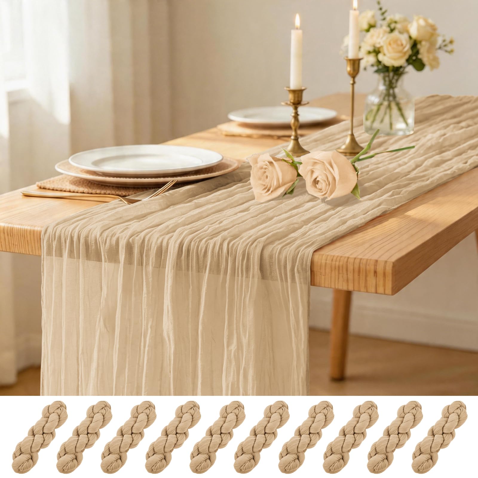 Paquete de 10 caminos de mesa beige de 43 x 274 cm, camino de mesa de gasa rústico, bohemio, tela transparente, camino de mesa para boda, fiesta, novia, baby shower, cumpleaños, decoración de mesa de