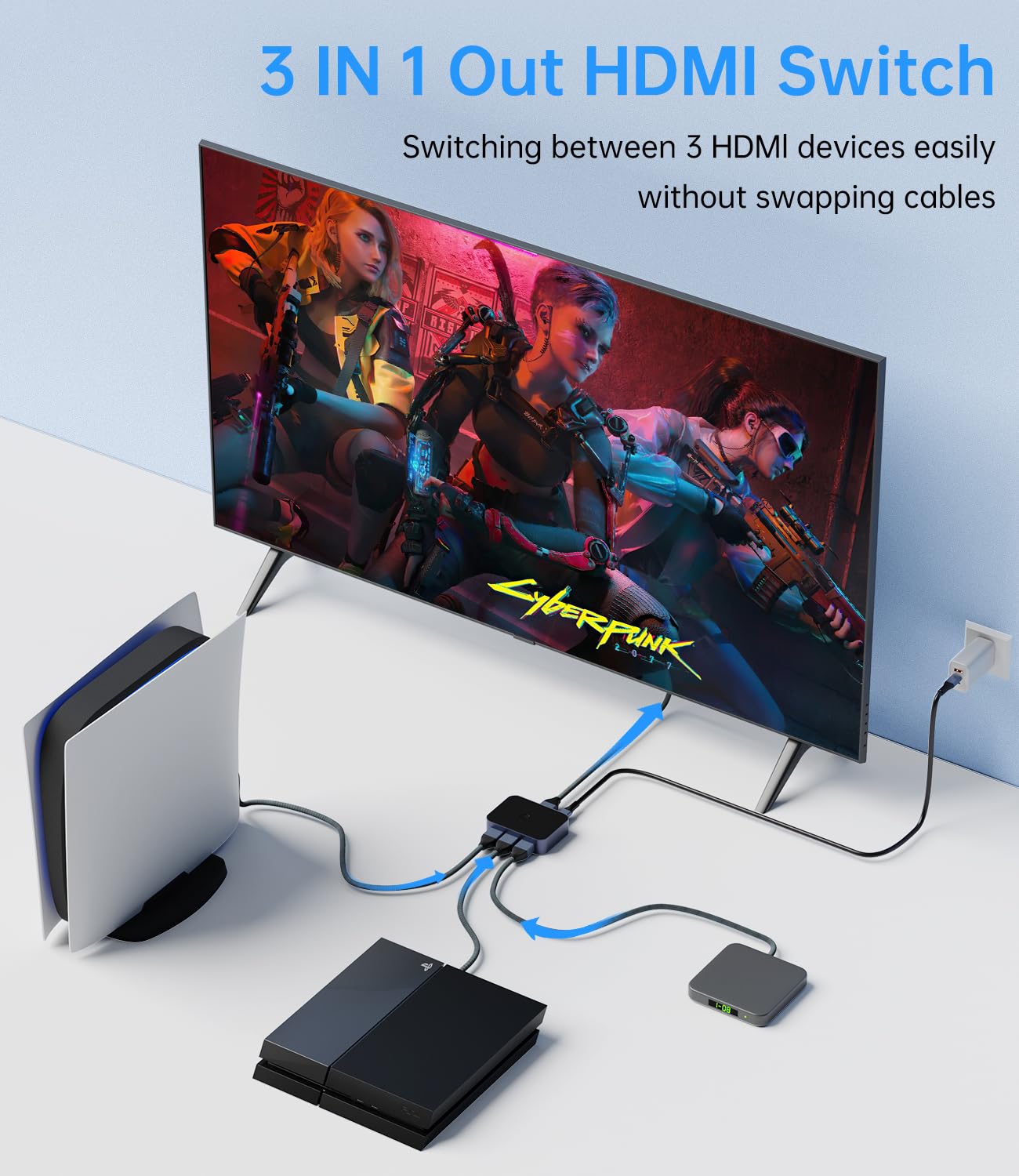 Switch HDMI 2.1 8K@60Hz 4K@144Hz 48 Gbps 3 in 1 Out HDR Dolby Atmos UHD HDCP PS5 Xbox