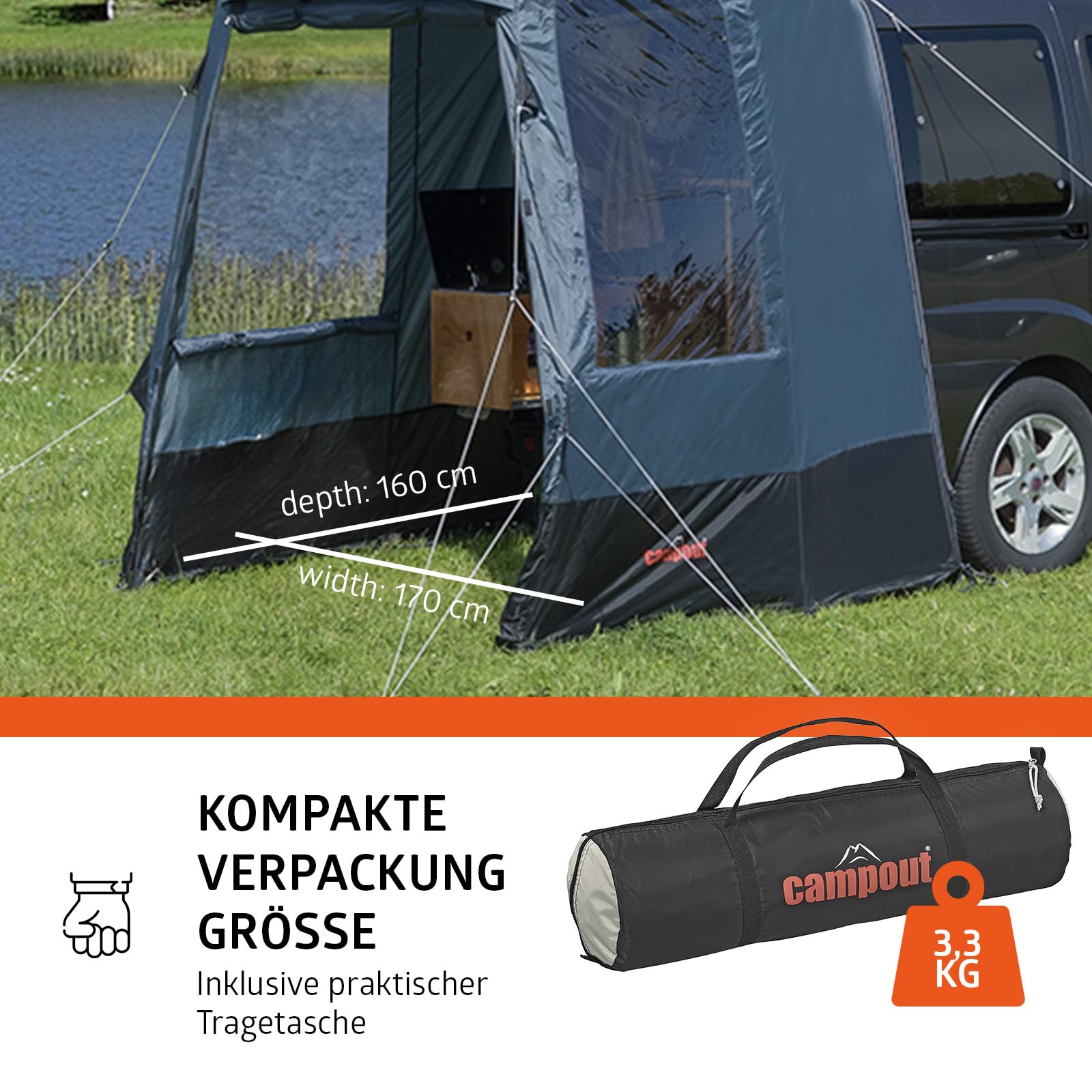 Campout Auto Heckzelt – Heckklappenzelt Camping – 3000 mm Wasserdicht – Zusätzlicher Wohnraum – inkl. Vordachstangen – Anbauhöhe 175–190 cm