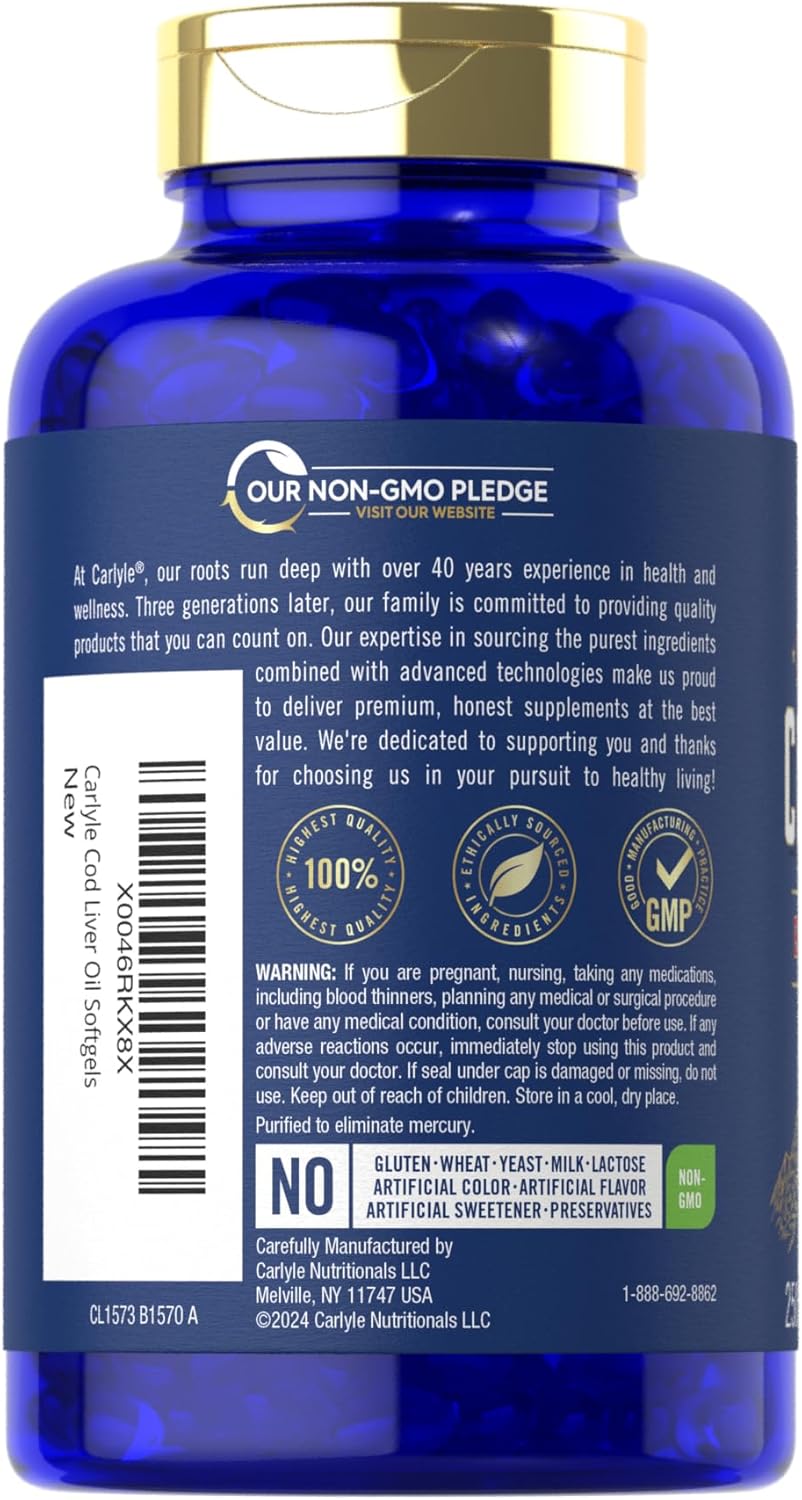 Carlyle Cod Liver Oil Softgels | 1245mg | 250 Count | with EPA and DHA | Norwegian | Non GMO, Gluten Free Supplement - Image 3