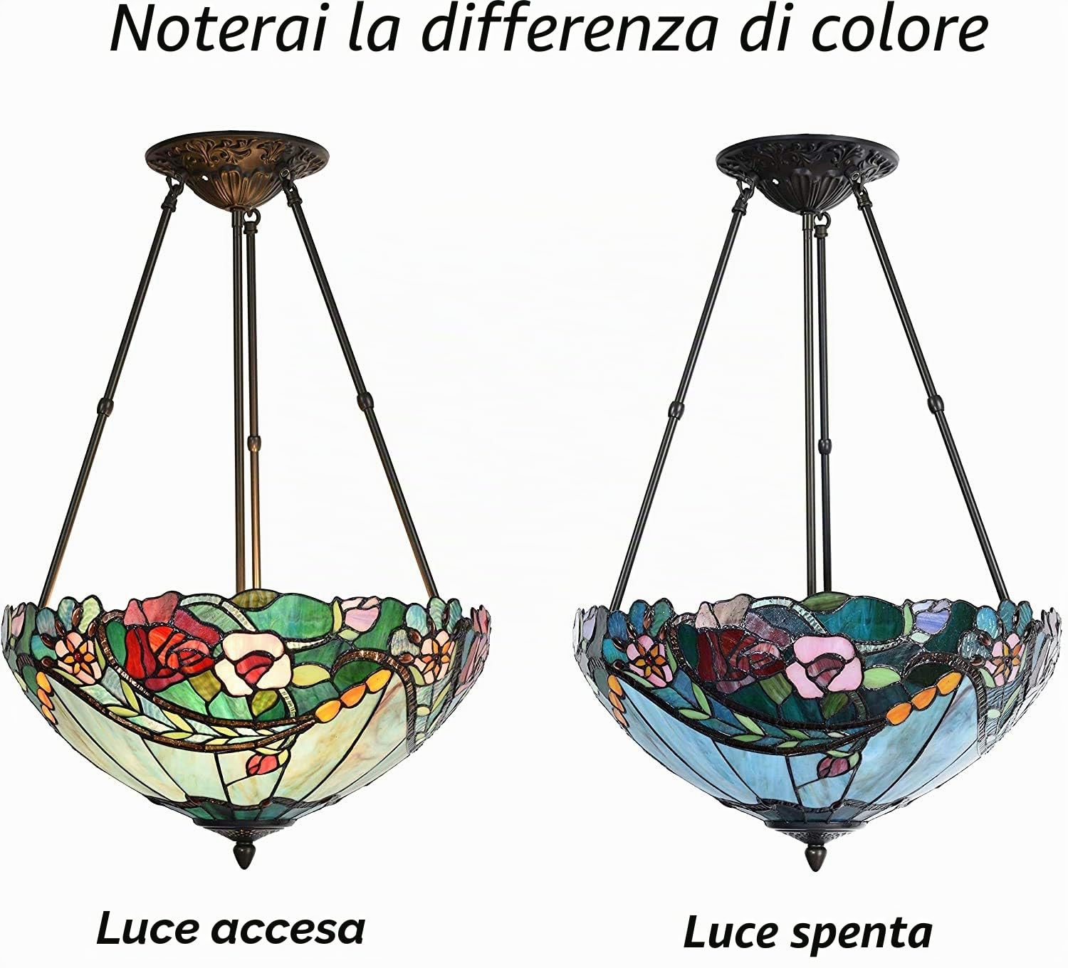 Bieye L30741 - Lampada a sospensione in vetro colorato con motivo a rose, motivo Tiffany, 45,7 cm, 3 luci