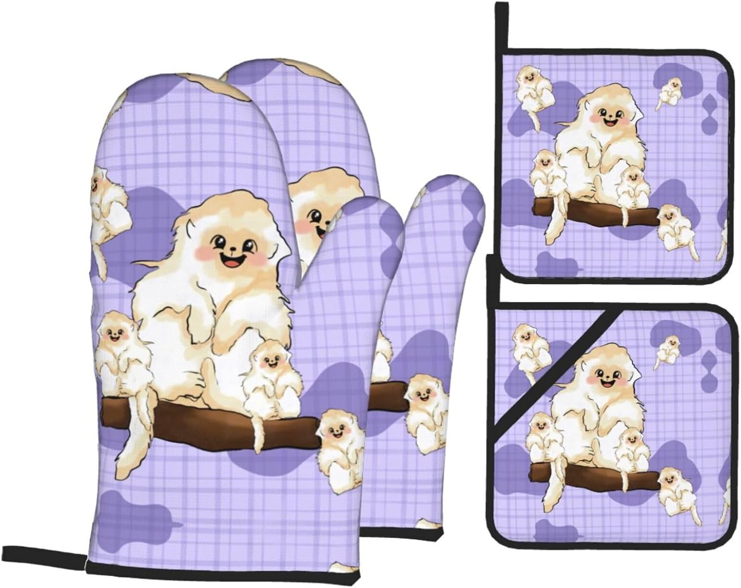 Cute golden monkey Oven gloves and heat-resistant mat 4-piece set. Suitable for grilling, microwave oven frying, and baking