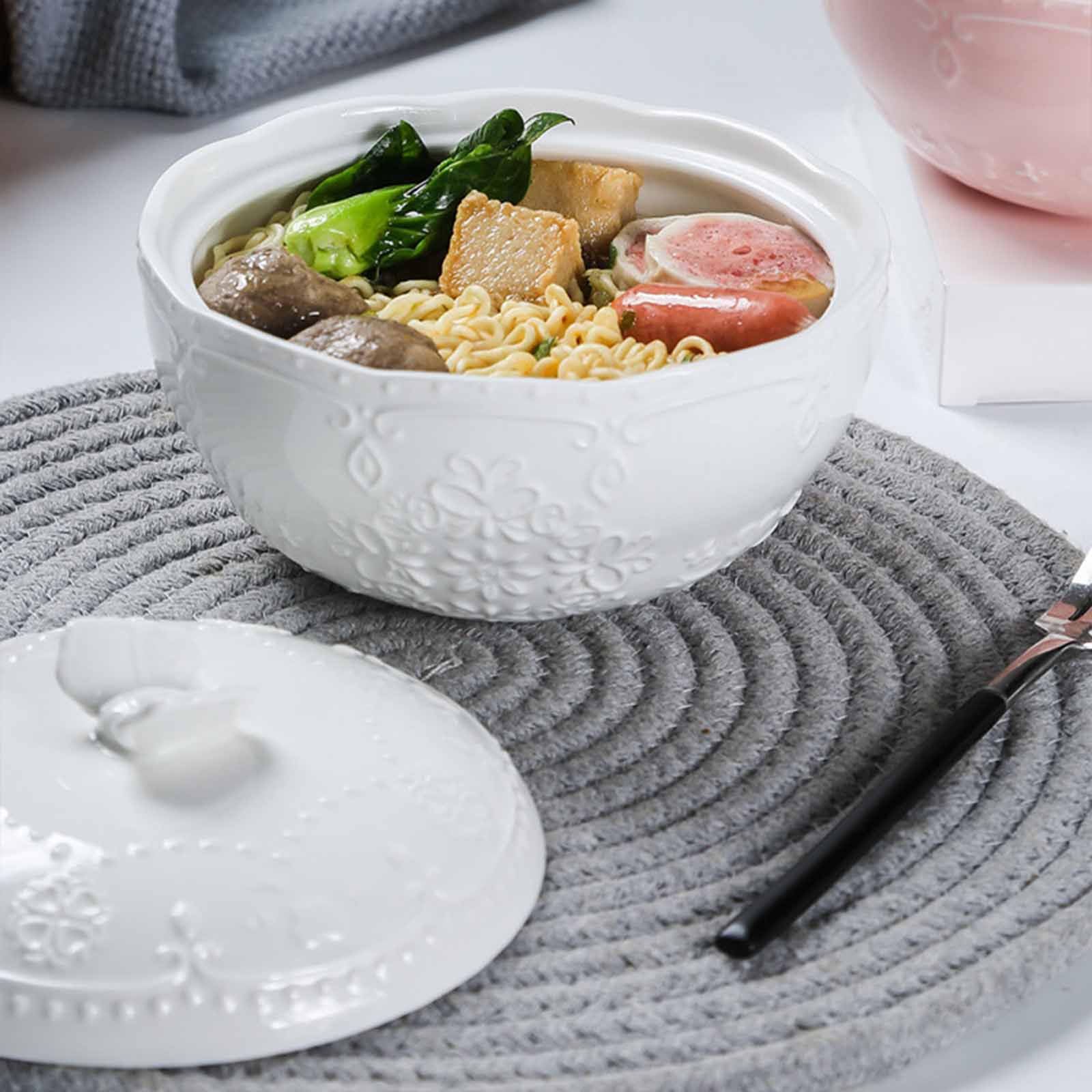 Cuenco de sopa con tapa, cuenco poco profundo, cuenco de fideos Udon, cuenco de cerámica para ramen, cuencos grandes (blanco, 24 onzas)
