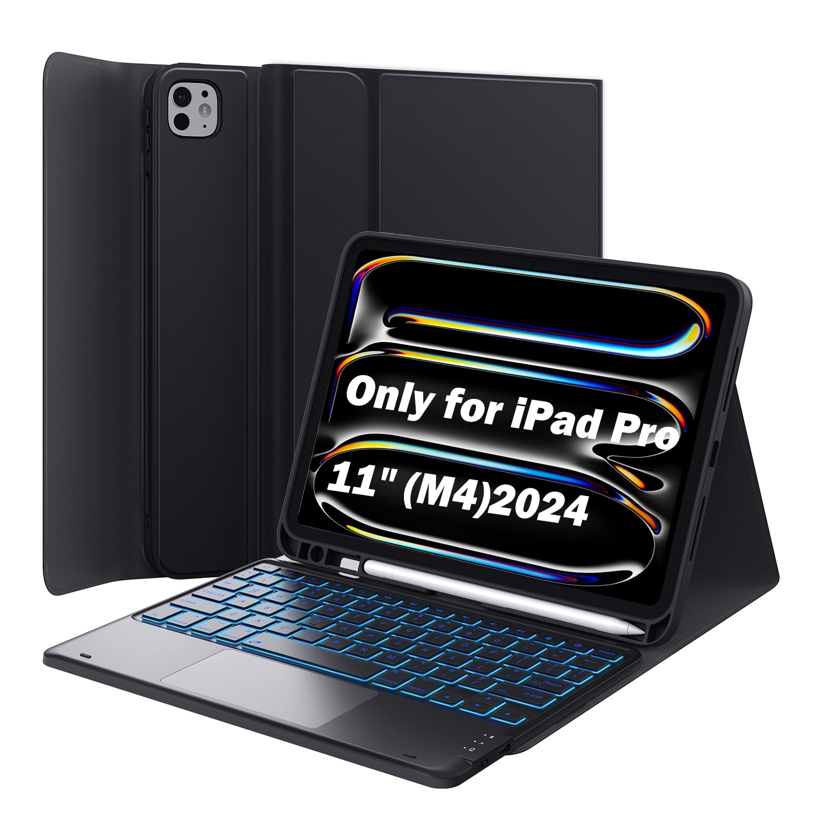 GreenLaw for iPad Pro 11 inch Case with Keyboard(M4) 2024, Detachable Wireless Keyboard Case, Stain-Resistant Surface, 7-Color Backlit, Multi-Touch Trackpad, 2 Device Connection, Black