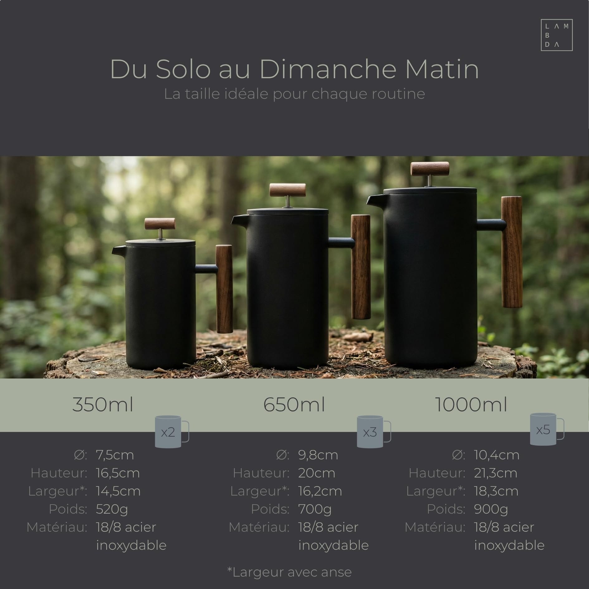 Lambda Coffee® Thermo French Press Acier inoxydable I 3 tailles disponibles I Cafetière à piston en acier inoxydable | Double paroi : garde au chaud pendant longtemps I Cafetière | Presse à café
