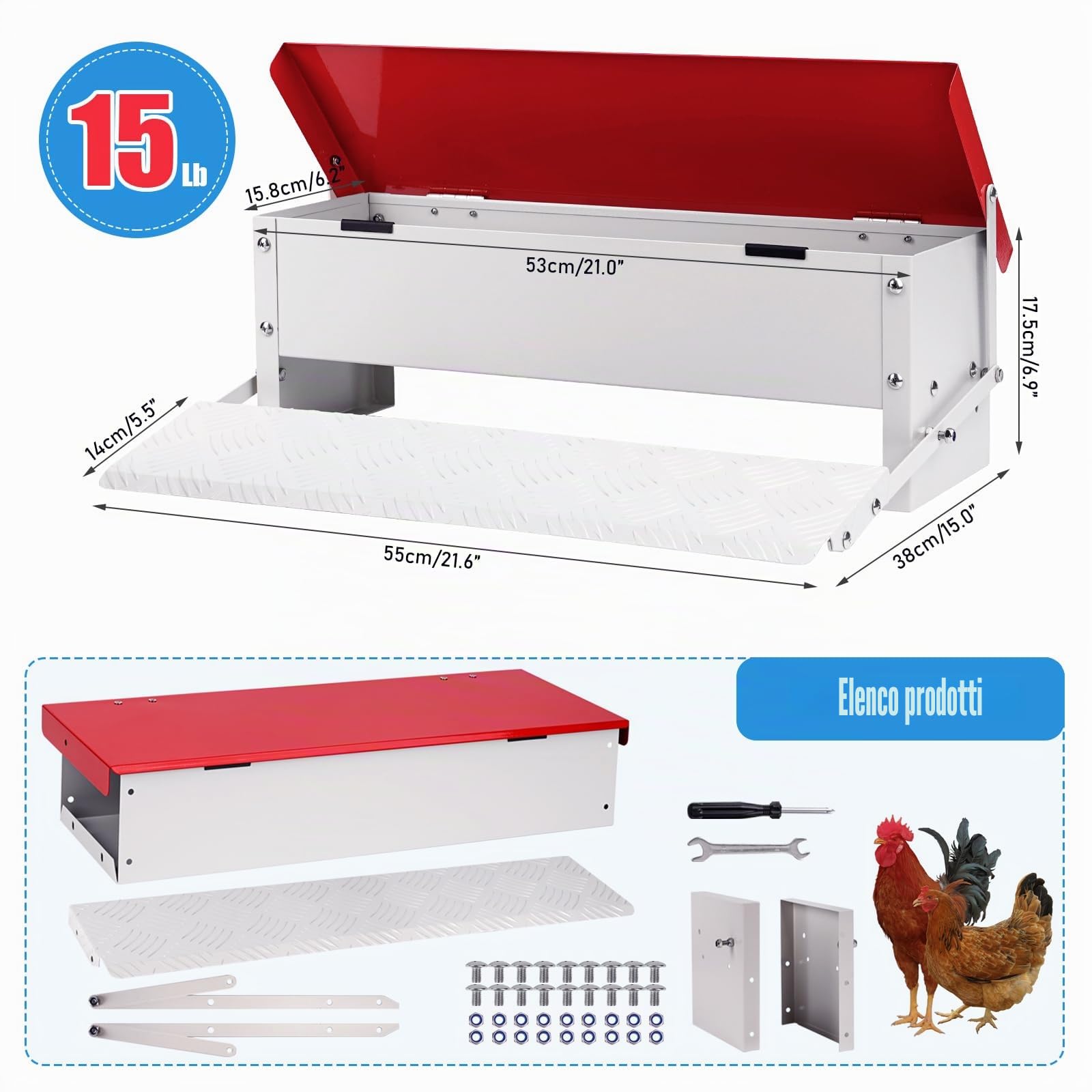 Mangiatoia Automatica per Polli, Mangiatoia per Pollame in Metallo a Pedale da 7 Kg, Mangiatoia per Anatre per Esterni Senza Rifiuti con Coperchio Resistente Alle Intemperie per 6-12 Polli