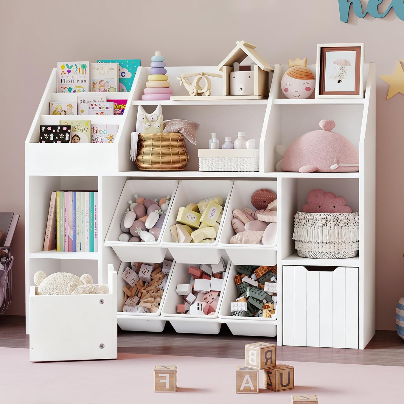 Kids Bookshelf and Toy Storage Organizer with 2 Movable Drawers, 6 Toy Bins & Open Display Shelves, 4-in-1 Kids Bookcase Storage Cabinet for Playroom, Nursery, Bedroom, Living Room, White