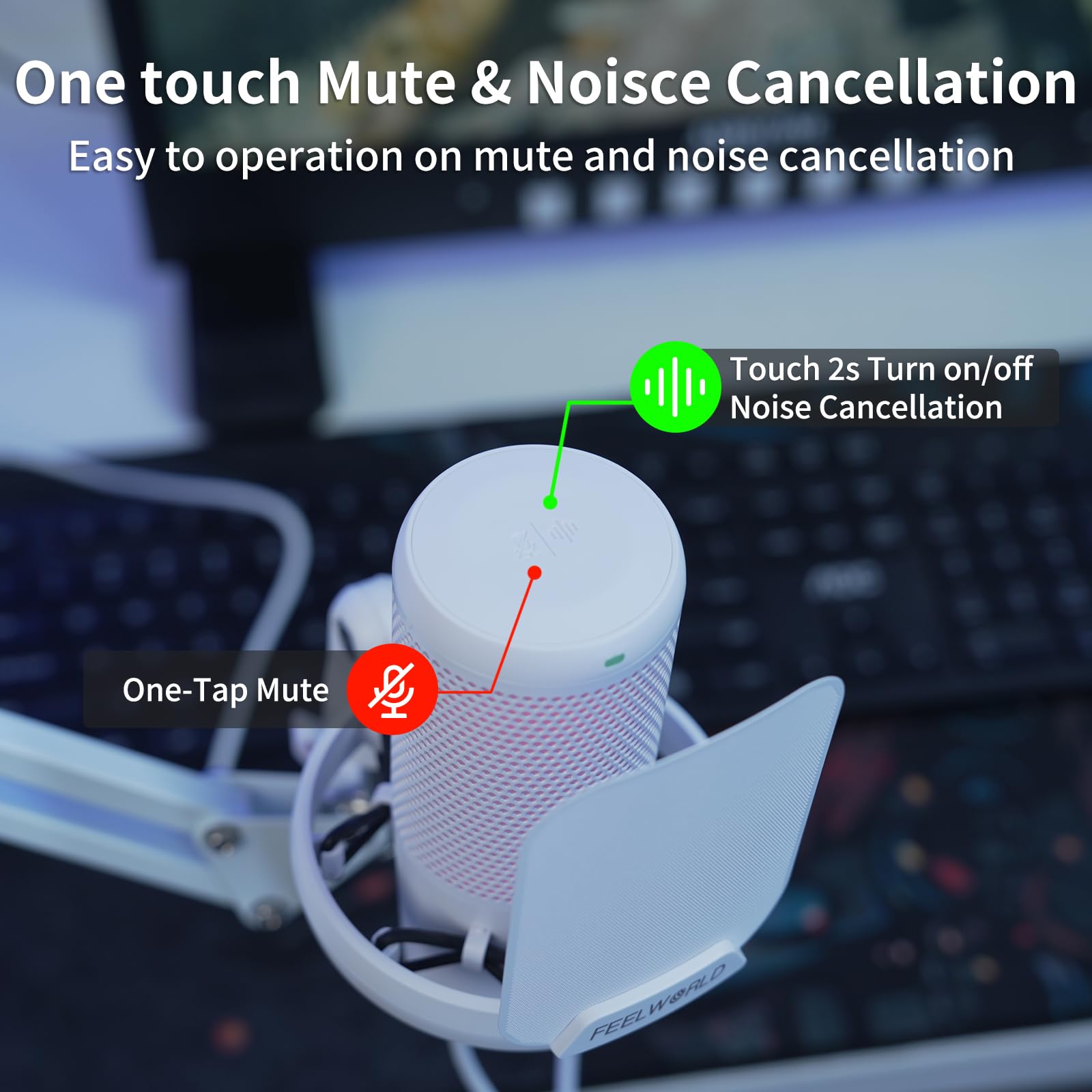 FEELWORLD VM1 - Micrófono condensador USB para juegos, cancelación de ruido, botón de silencio, luz RGB para PC PS4 PS5, podcast/YouTube/Twitch Streaming, chat en línea, grabación, accesorios de