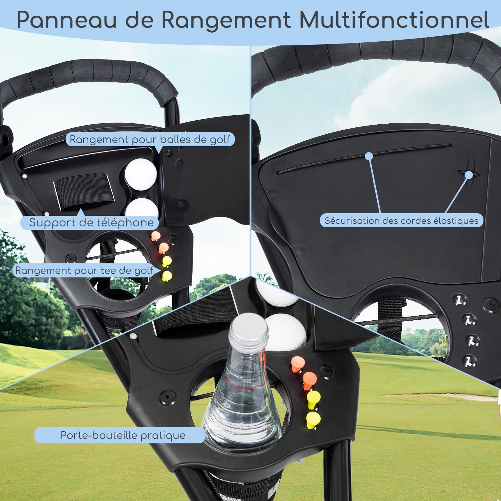 COSTWAY Chariot de Golf 3 Roues Pliable Noiravec Porte-Parapluie et Porte-Tee en Aluminium Frein au Pied et Poignée Rembourrée Ajustable