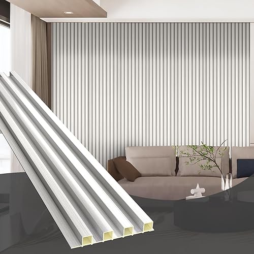 Miniatura 18 de OUZUGIE WPC Paneles de Pared de Laminilla Acústica, Paquete de 8 Paneles de Pared 3D de 114 x 6 Pulgadas para Decoración de Paredes Interiores, Sala
