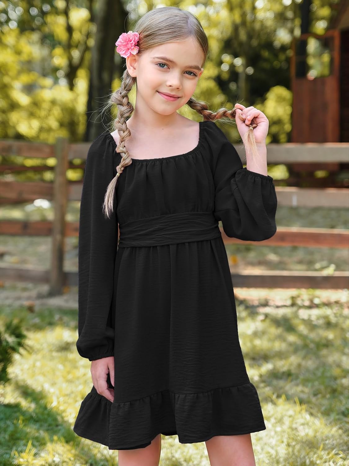 Batermoon Girls Long Sleeve Tie Back Dress Kids Fall Square Neck A-Line Mini Dresses 5-14 Years - Image 5