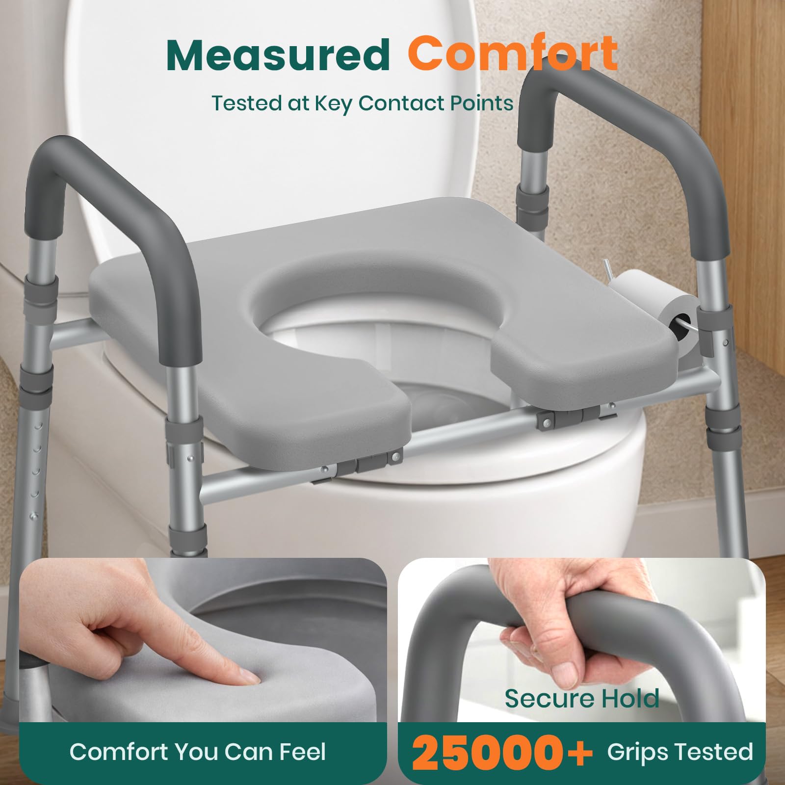 LTR02 Telaio Sicurezza WC con Seduta – fino a 180 kg, Corrimano Regolabili in Altezza e Larghezza, Braccioli Imbottiti, Piedini Antiscivolo, Ausilio Bagno per Anziani e Riabilitazione