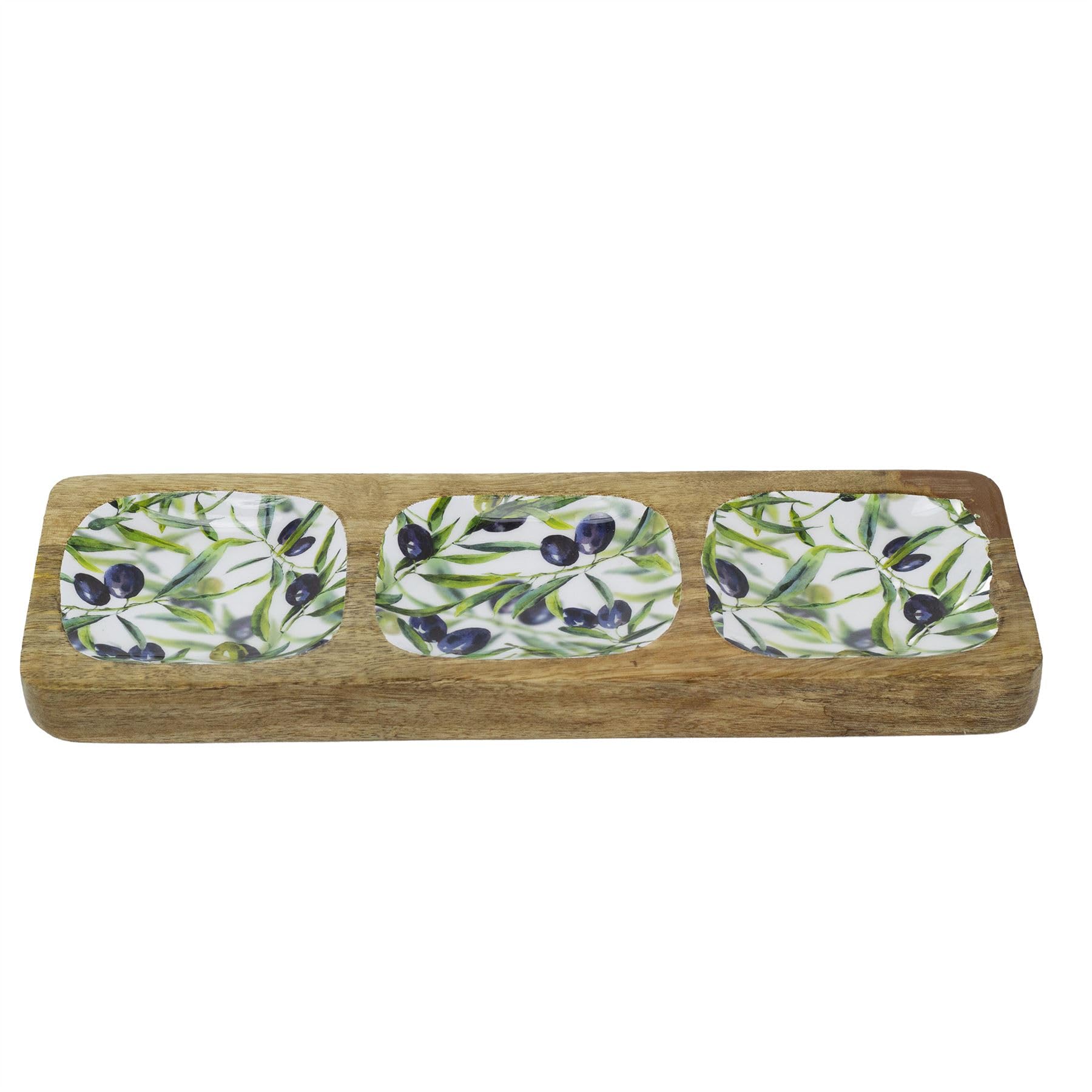 Olive Enamelled Sectional Tray, 30x10cm Mango Wood Serving Platter with 3 Enamel Compartments for Snacks, Dips and Nibbles