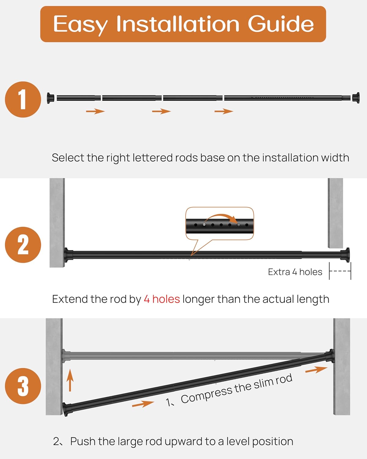 ALLZONE Tension Curtain Rods 120 to 160 Inches, Curtain Rods No Drilling, Extra Long Tension Rod for Room Divider, Outdoor Curtains Rod for Patio, Bedroom, 3 Installation Methods, Black