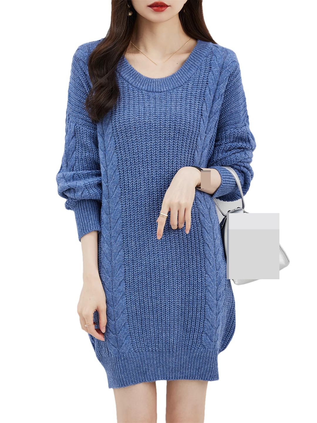 Disimlarl Damski sweter oversize, jesienno-zimowy, ciepły sweter z okrągłym dekoltem, długi rękaw, dzianinowy, długi sweter, wełniany sweter