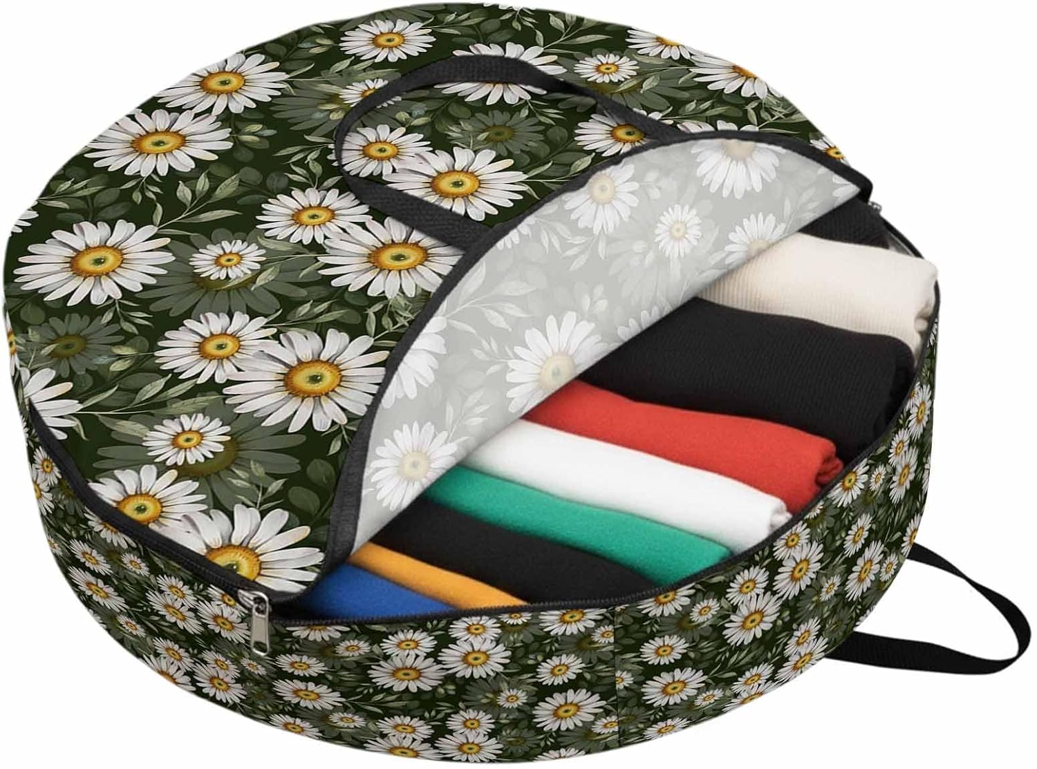 Storage Bag Daisy Flower Round Storage Totes Bins Closet Organizers with Zippers & Handle Green Leaves Plant Clothes Storage Container for Bedroom Dorm Space Saving Packing Supplies Moving Bags
