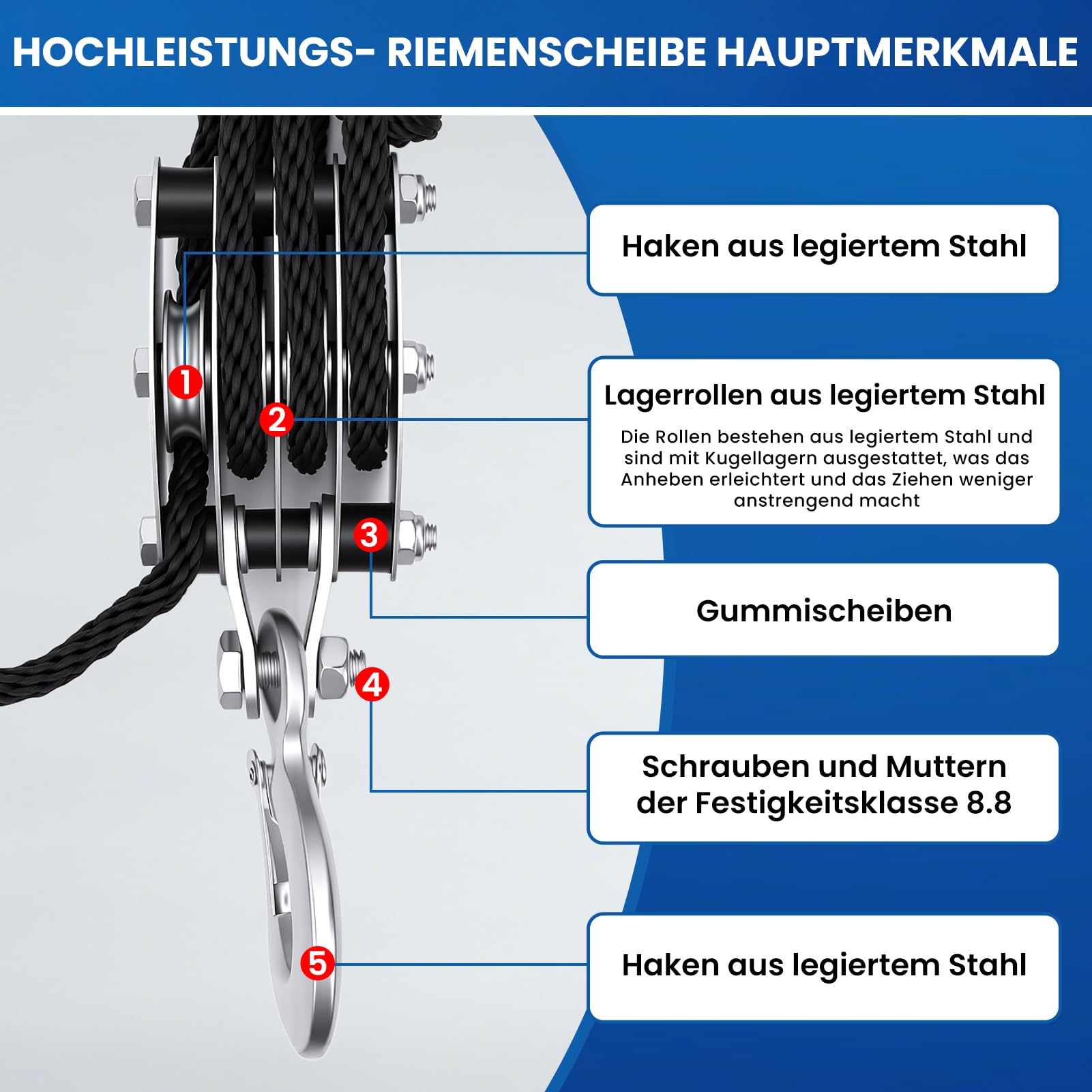 Schwerlast Flaschenzug, Hochleistungs Seilzug mit 8:1 Hubkraftverhältnis, 4400LB Tragkraft, 20m Polypropylen Seilbremse, Manuelle Hubseile Arbeitssparender für Garagen Lagerhallen