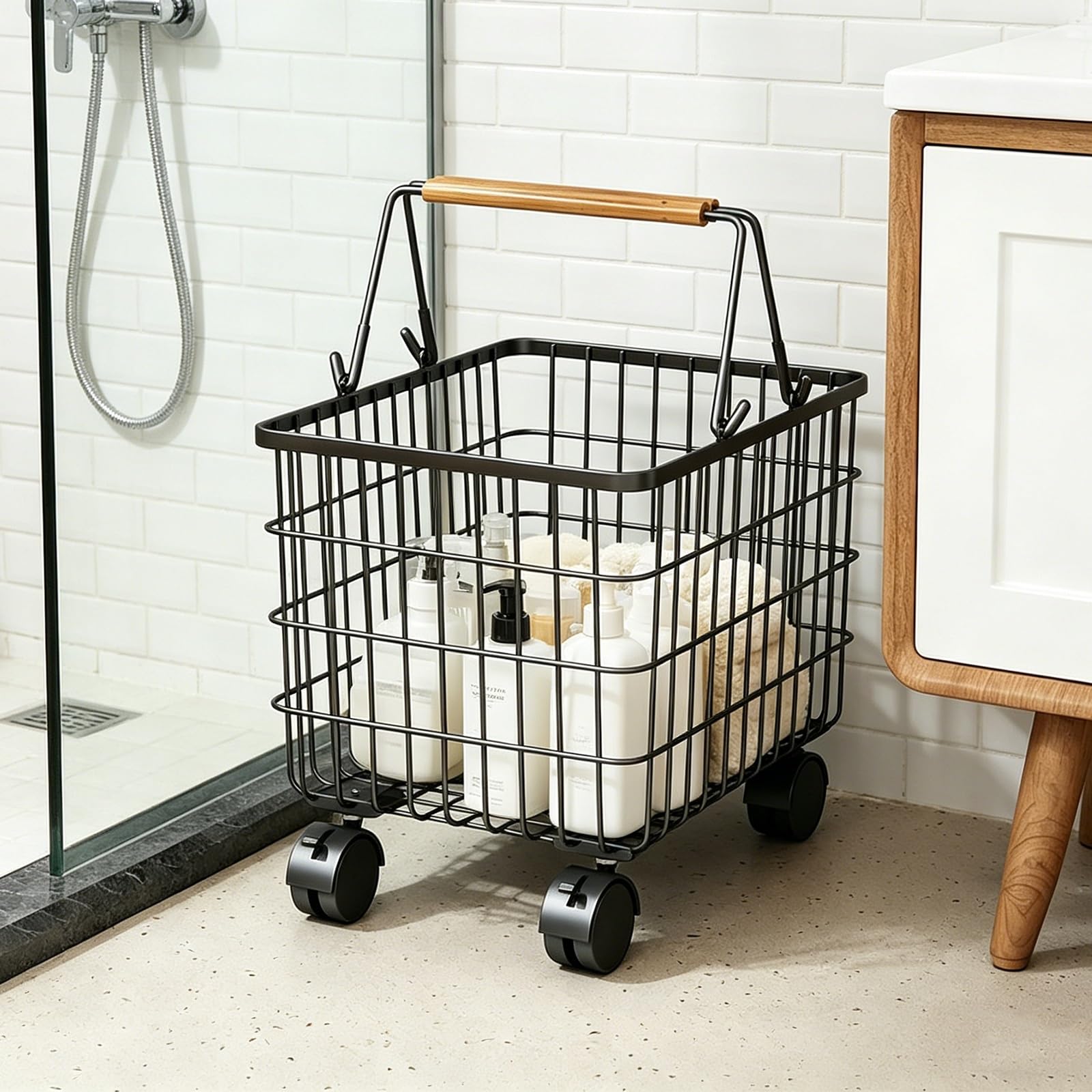 Folding Laundry Basket Household Storage Rolling Cart,Metal Hamper with Wheels Handle,Multifunctional Clothes Hamper Organizer