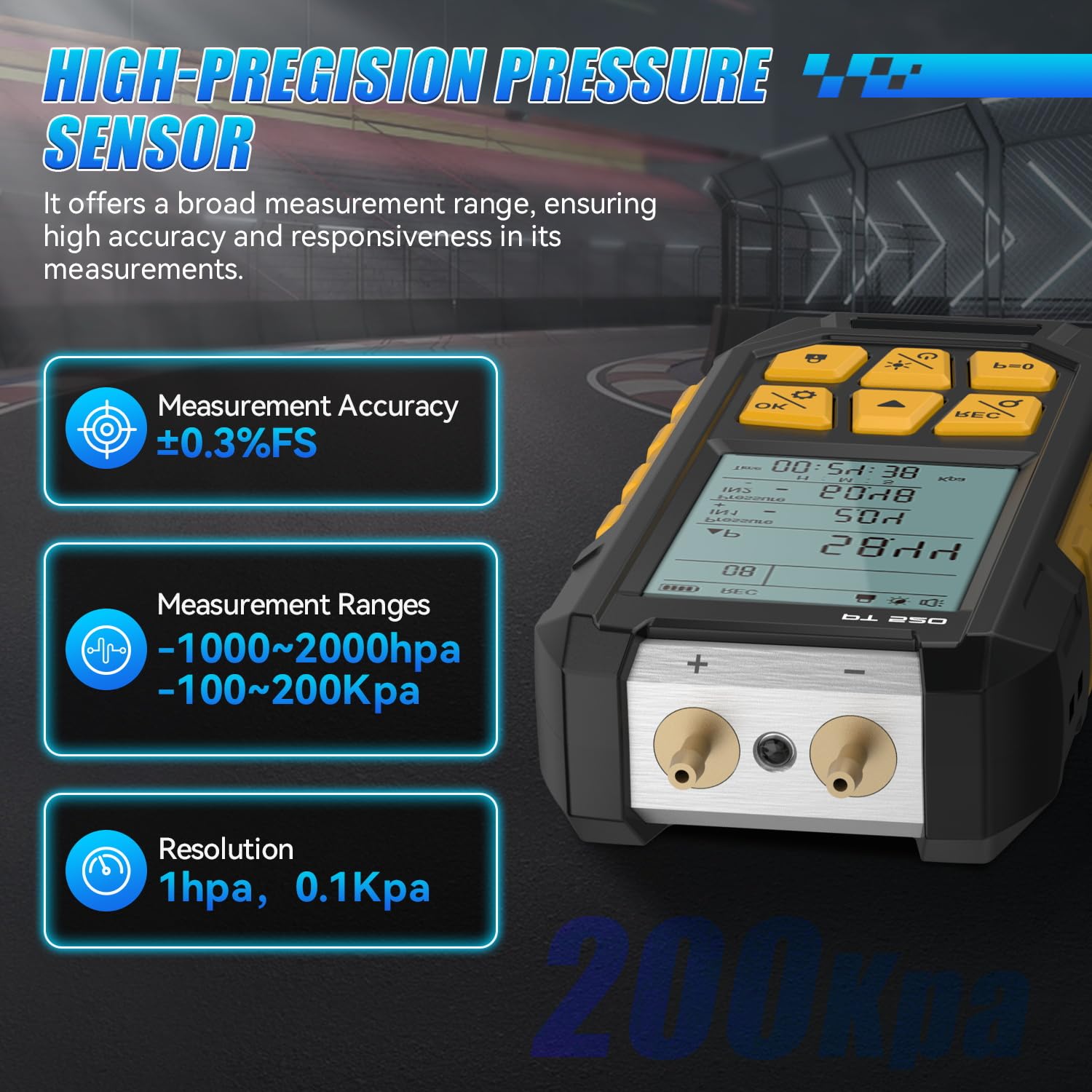 Manometer, Dual-Port HVAC Manometer with 7 Adapters, 10 Units Switch, Data Locking & Storage, Backlit Display Screen Gas Pressure Tester, -100 to 200Kpa, PT520