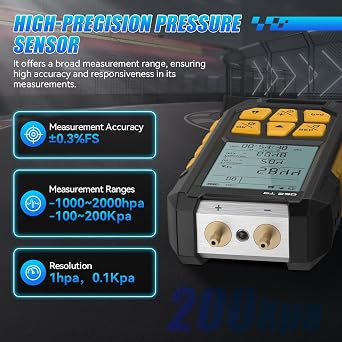 Manometer, Dual-Port HVAC Manometer with 7 Adapters, 10 Units Switch, Data Locking & Storage, Backlit Display Screen Gas Pressure Tester,100 to 200Kpa, PT520