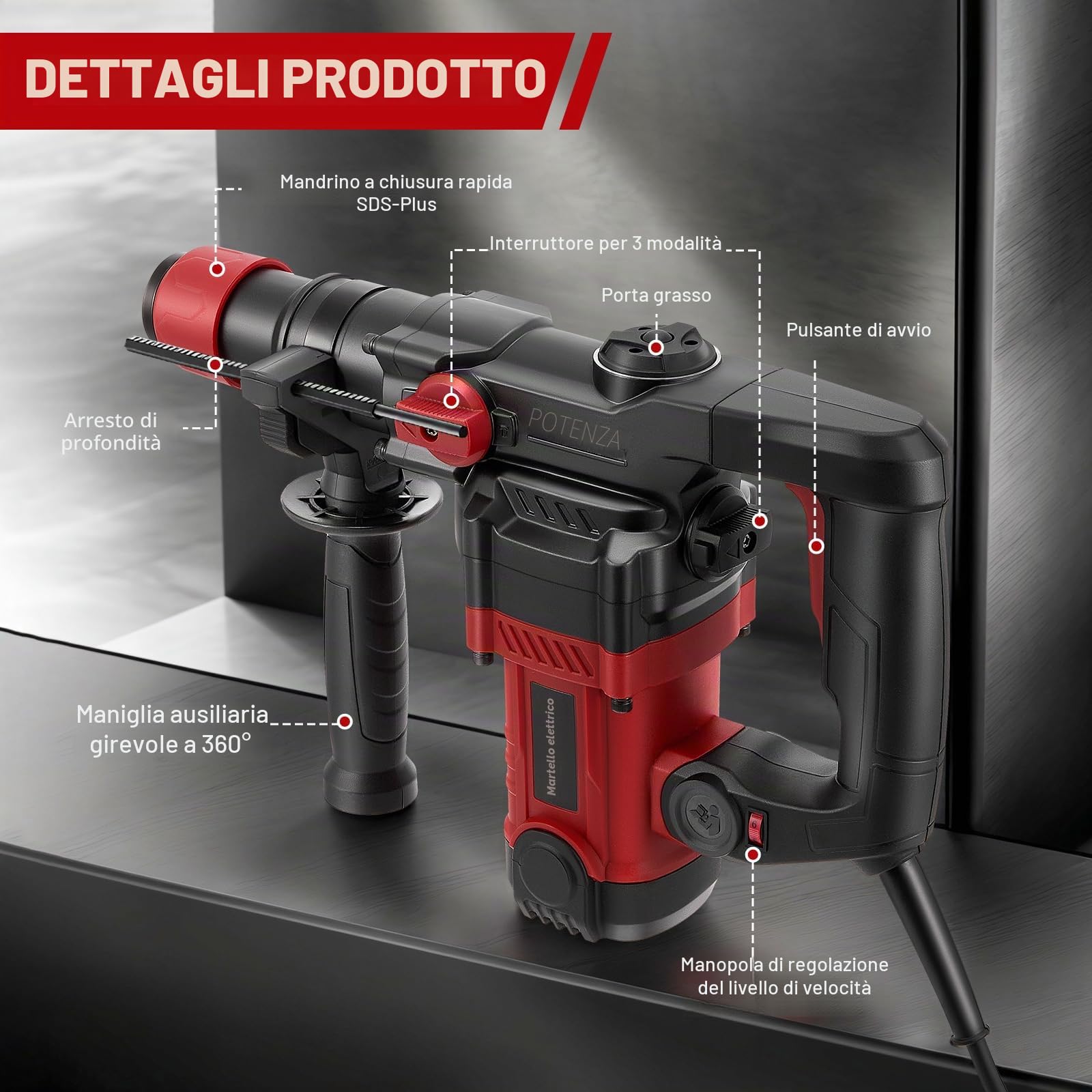 1200W martello demolitore,5J Energia d'impatto,6 livelli regolabili,Velocità al minimo 1050 giri/min,con 4 punte SDS plus 6/8/10/12 mm, trapano multifunzionale Impugnatura antivibrante