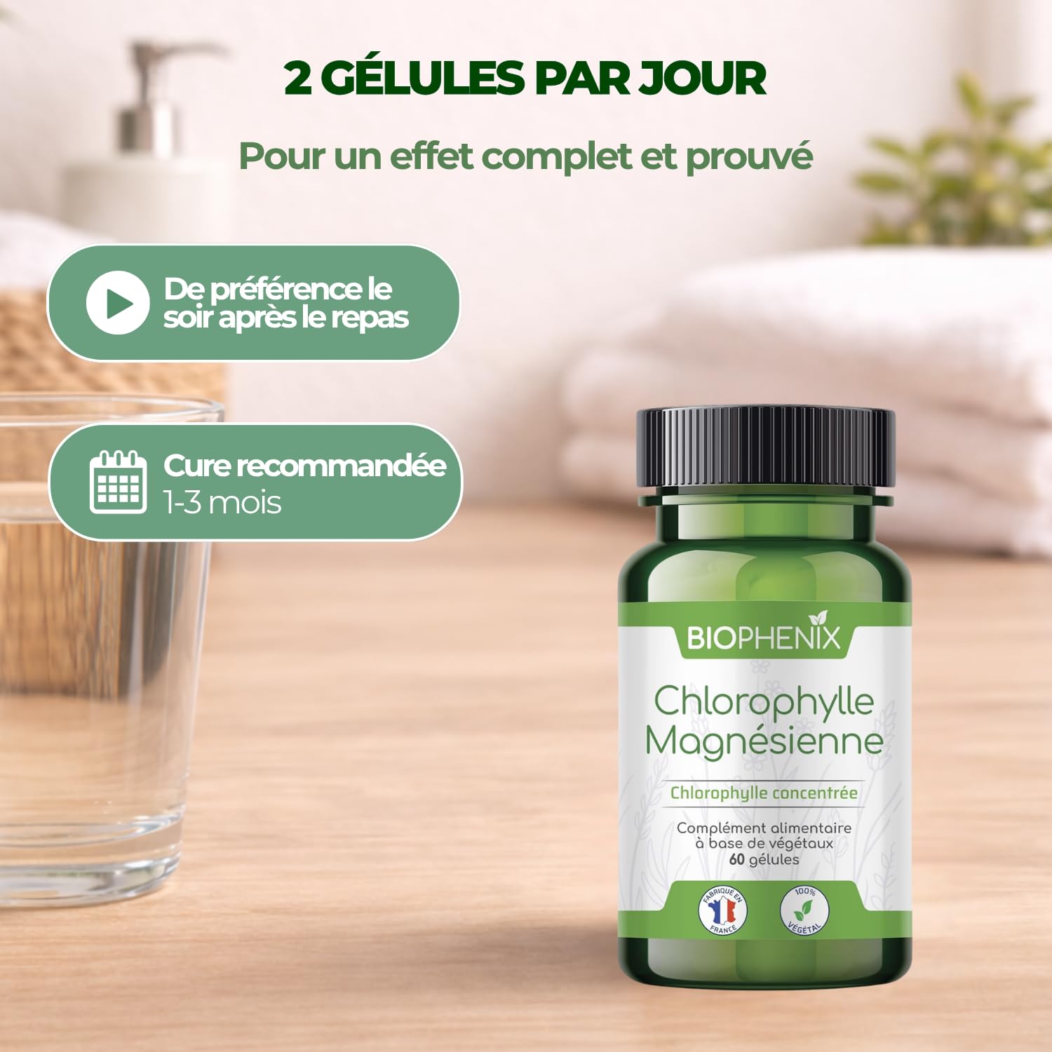 Biophénix - Chlorophylle Magnésienne 60 Gélules - Detox - Protection des Fonctions Digestives, Hépatiques et Rénales - 100% Naturel à Base de Végétaux - Fabriqué en France - 2 Gélules/Jour