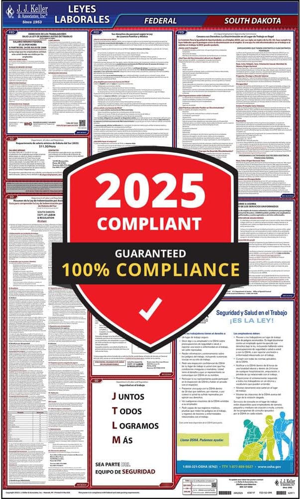 2026 South Dakota and Federal Labor Law Poster (Spanish, SD State) - OSHA Compliant All-in-One Laminated Poster, J. J. Keller & Associates, Inc.