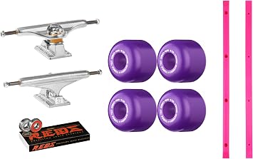 Independent Skateboard Trucks Package Old School Kit with Powell Mini Cubic 64mm Purple Wheels, Bones Reds Bearings, and Pink Rails