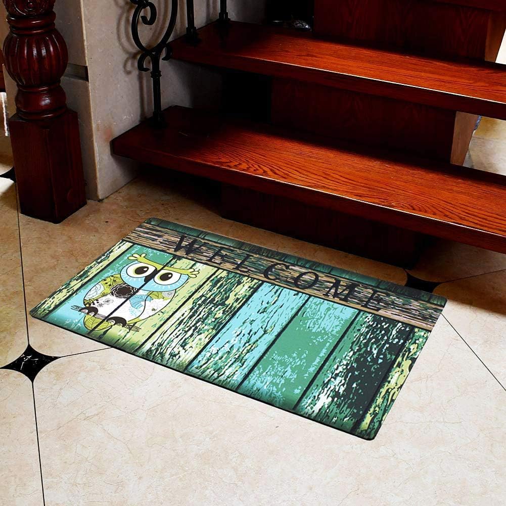 Linfevisi Owl Welcome Door Mat Outdoor Indoor Entrance Spring Doormat Rubber Back Bird Front Door Mats for Outside Inside Decorative Entryway Rug Non Slip for Patio Porch 17.3X29 Inch (Green)